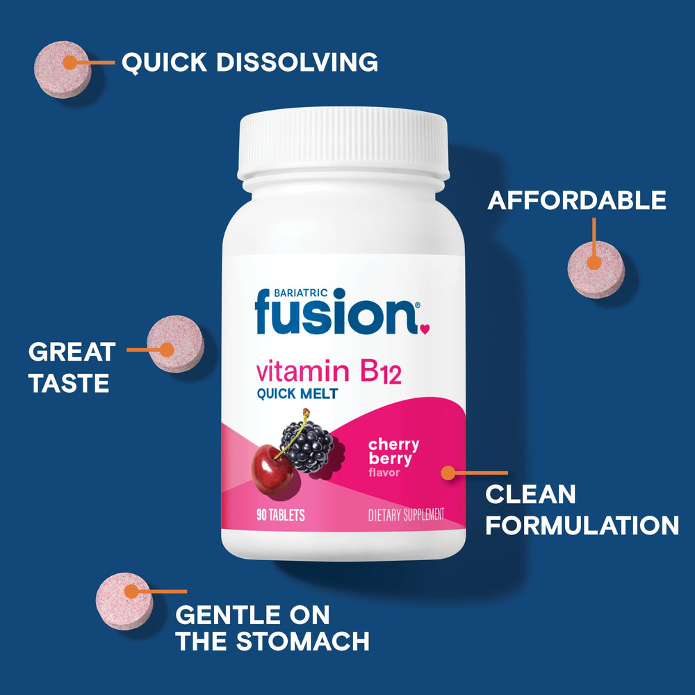 Bariatric Fusion Cherry Berry B12 chewables offer convenient daily energy and mood support.