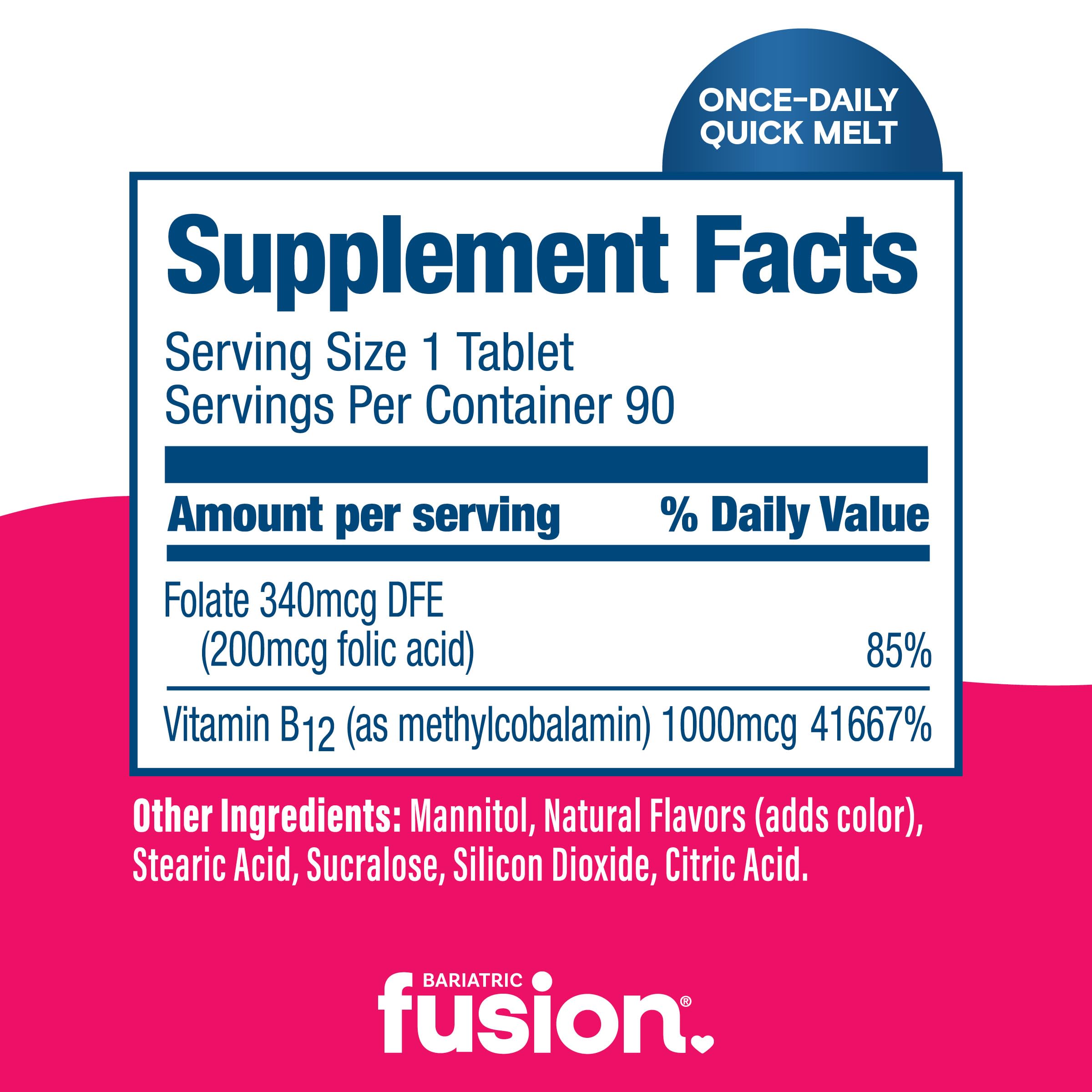 Bariatric Fusion B12 melt label closeup highlights non-GMO and sugar-free formula.