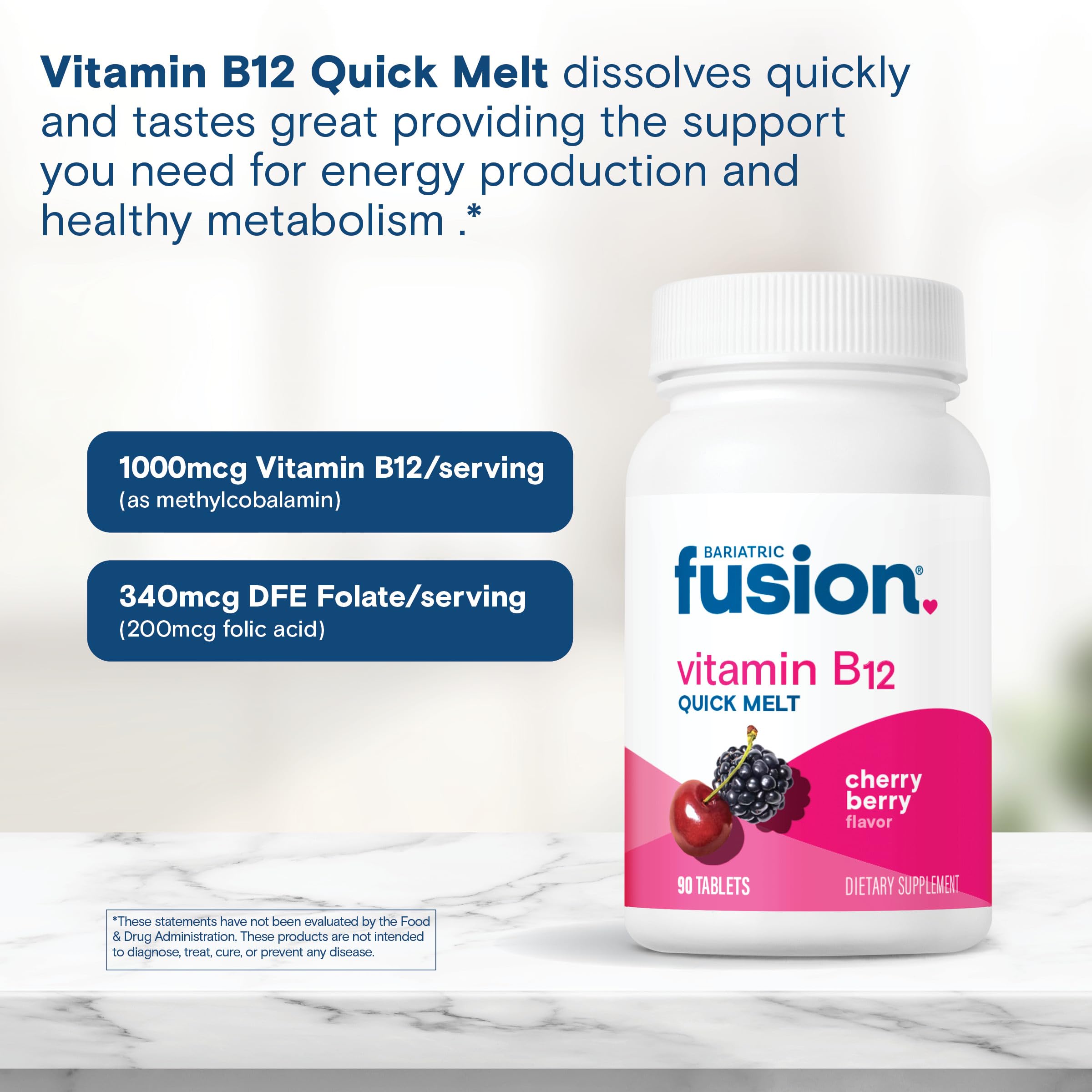 Bariatric Fusion Cherry Berry B12 melts packaging emphasizes gentle stomach compatibility.