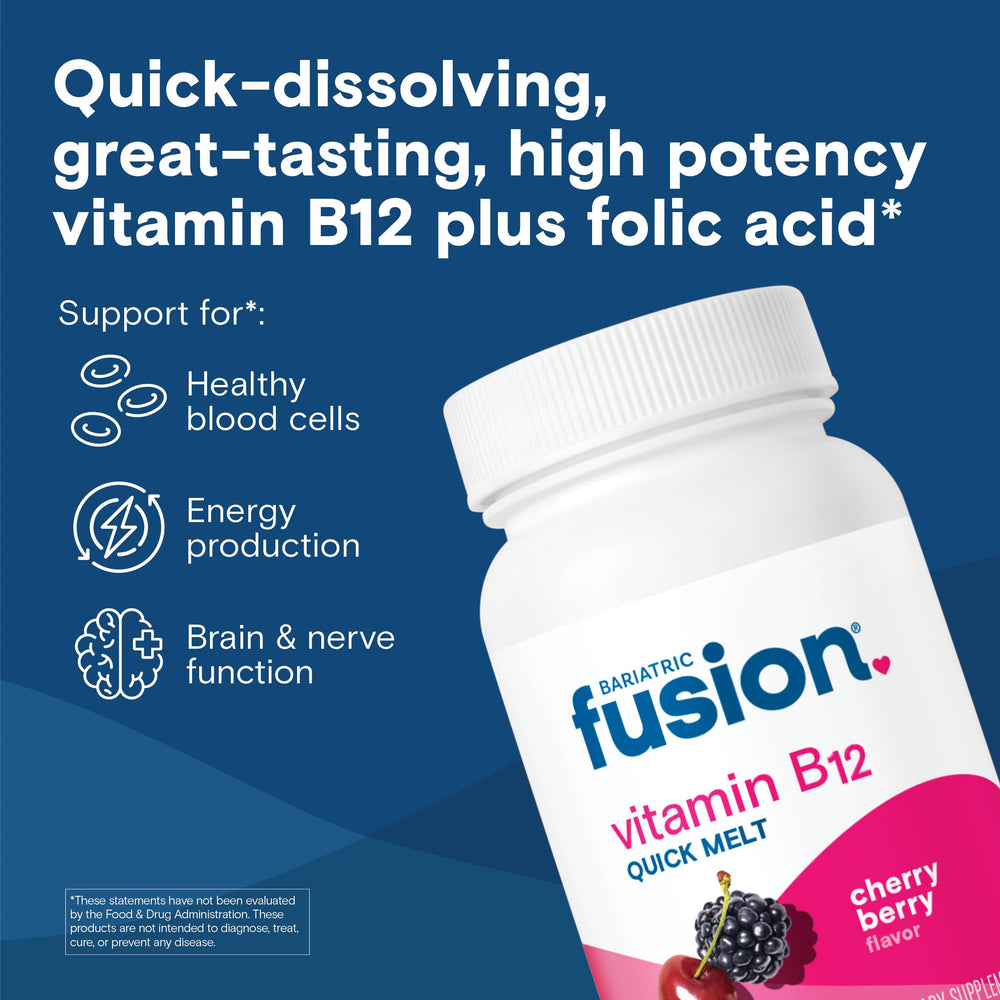 Bariatric Fusion B12 melts dissolving under tongue demonstrates fast absorption potential.