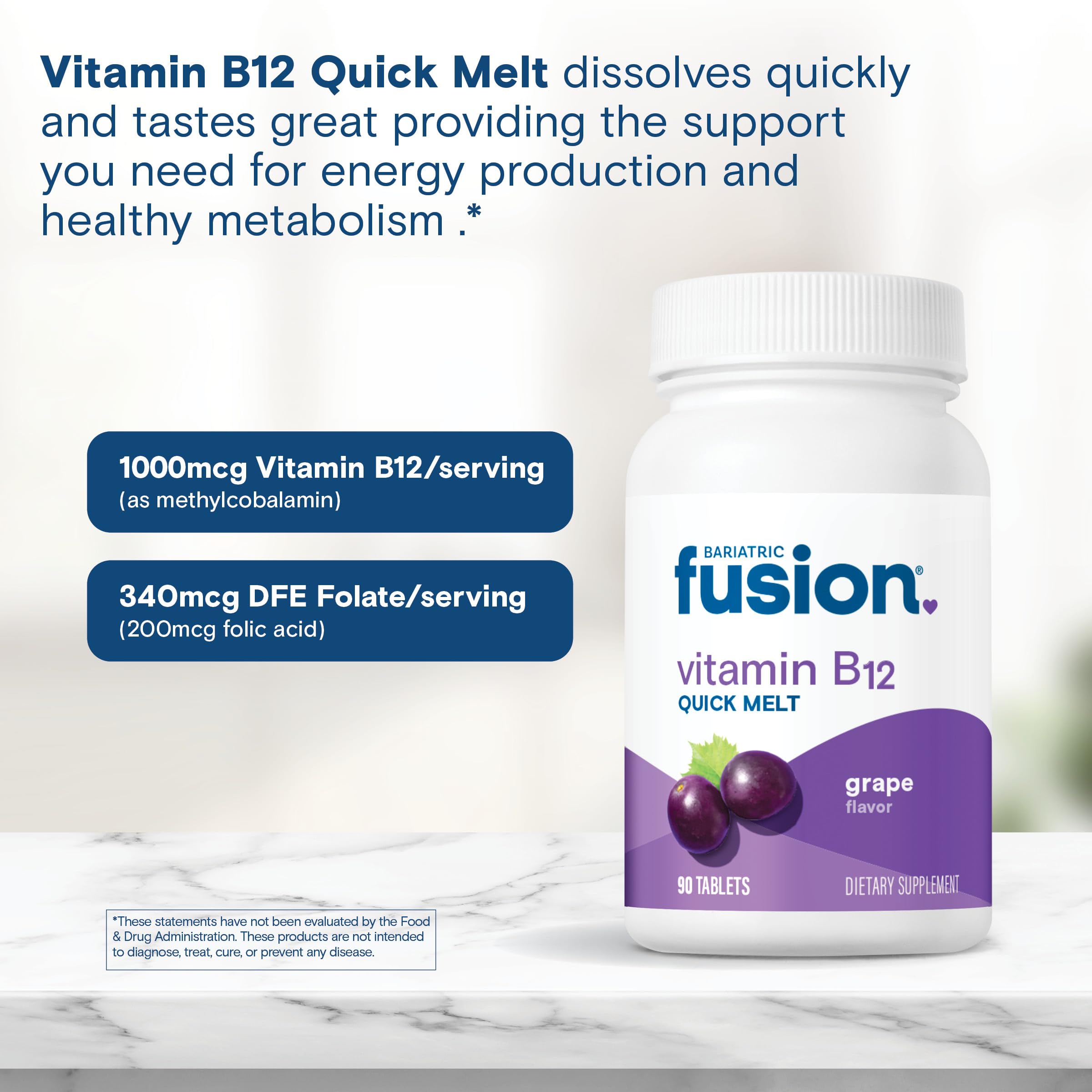 Bariatric Fusion B12 melts highlighting methylcobalamin and folic acid for B vitamin support.