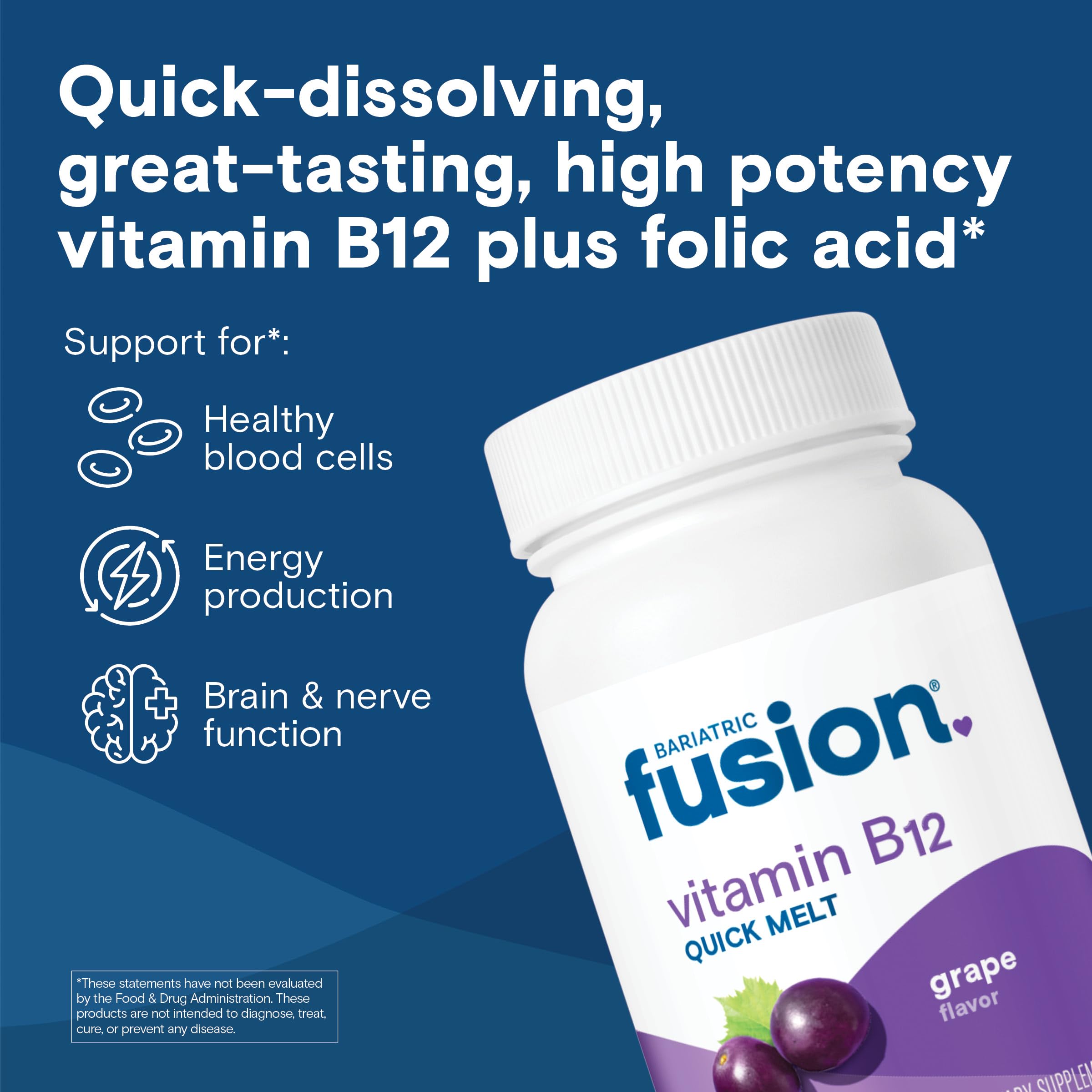 Bariatric Fusion B12 melts under tongue tablet showing convenient energy support.