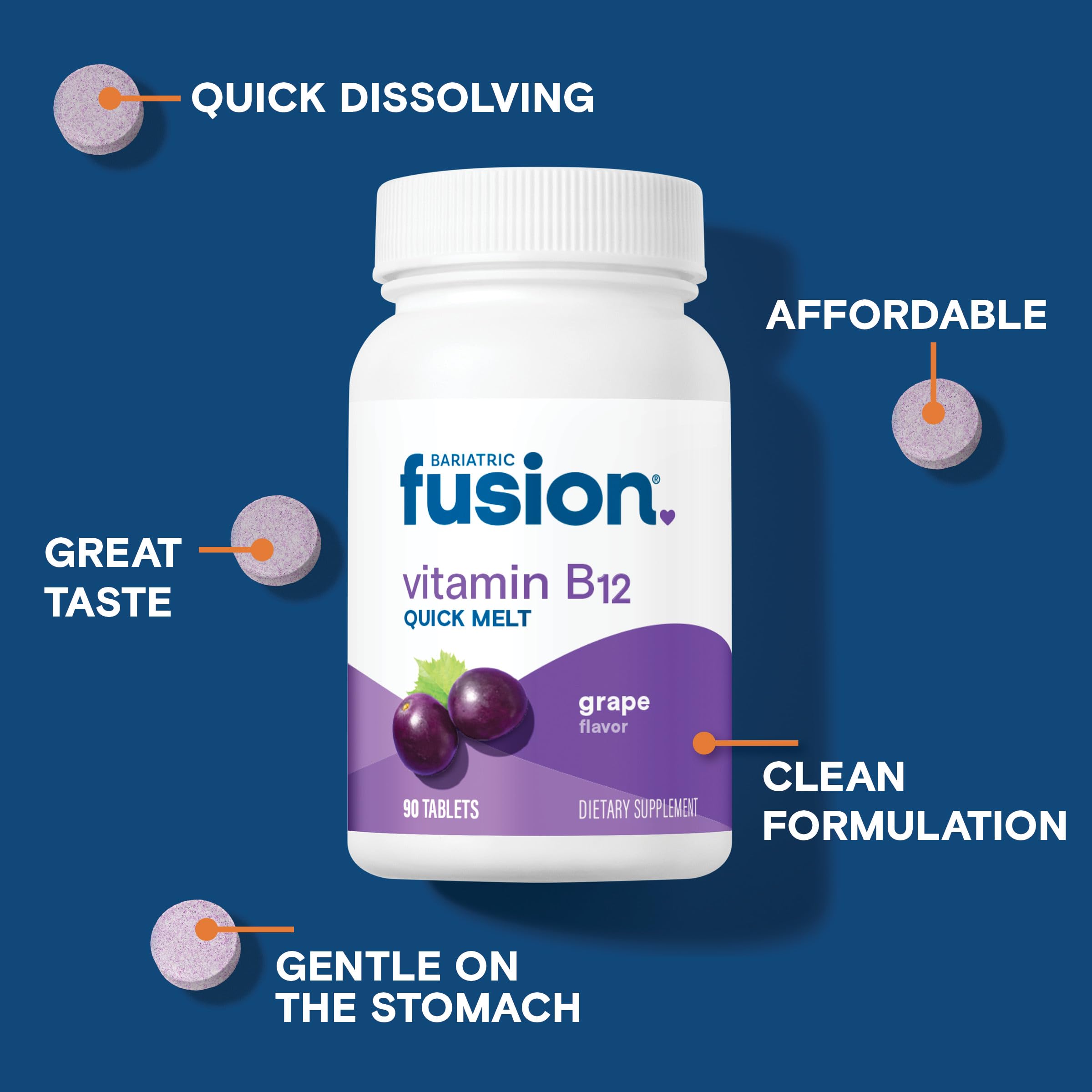 Bariatric Fusion B12 melts grape-flavored tablet promoting daily vitality.