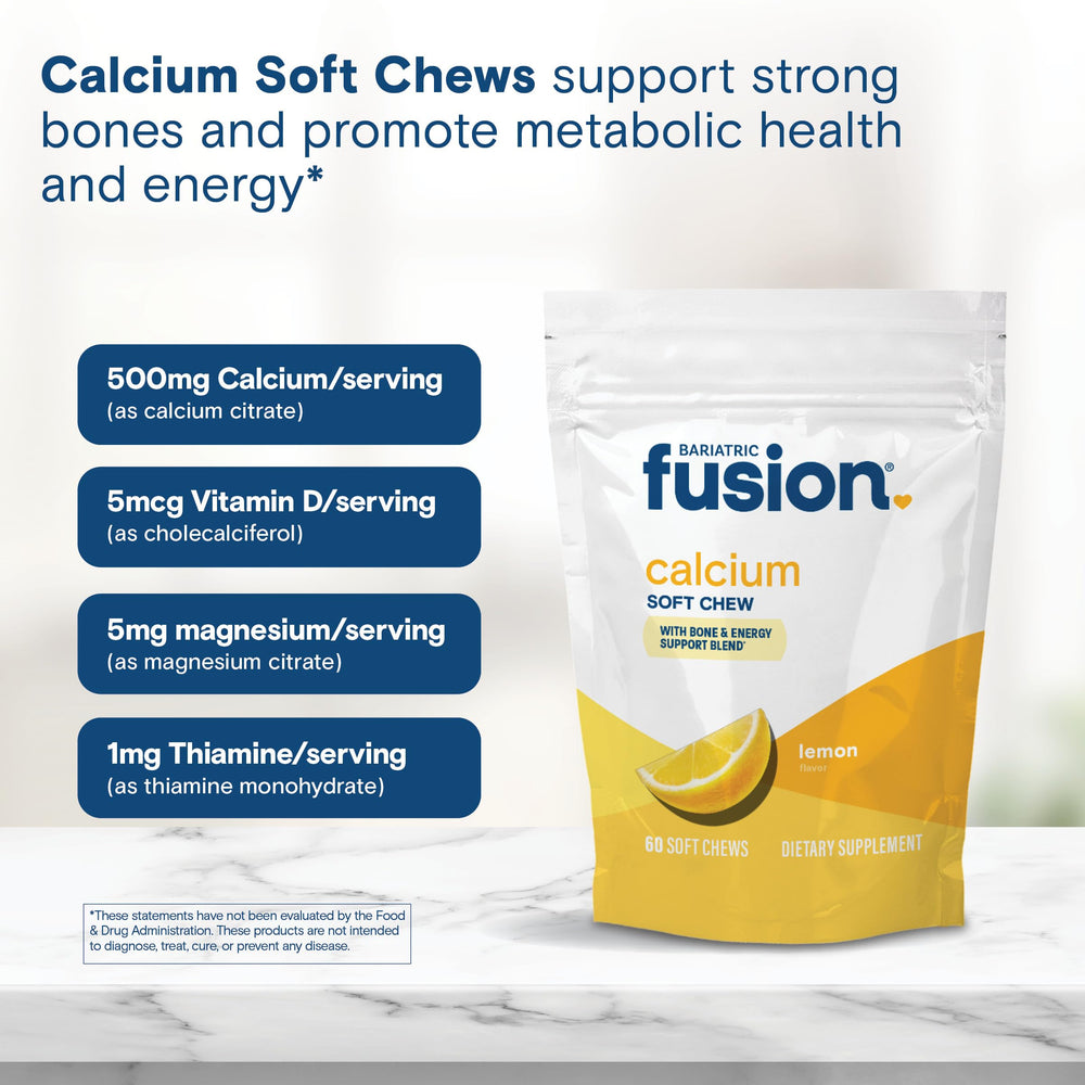 Bariatric Fusion lemon calcium chews vitamin D3 image highlights absorption-friendly formula