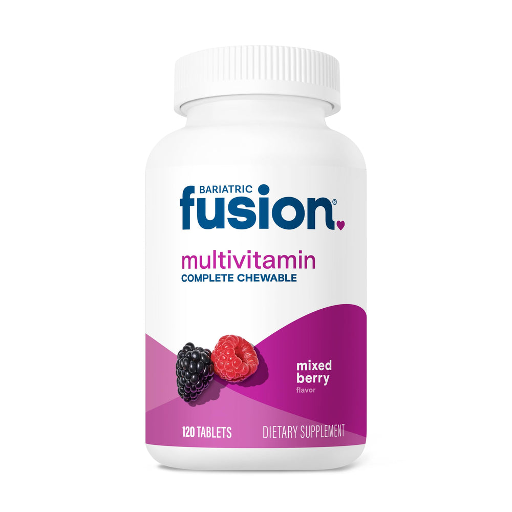 Bariatric Fusion bariatric multivitamin berry bottle shows mixed berry flavor for easy daily nutrition.