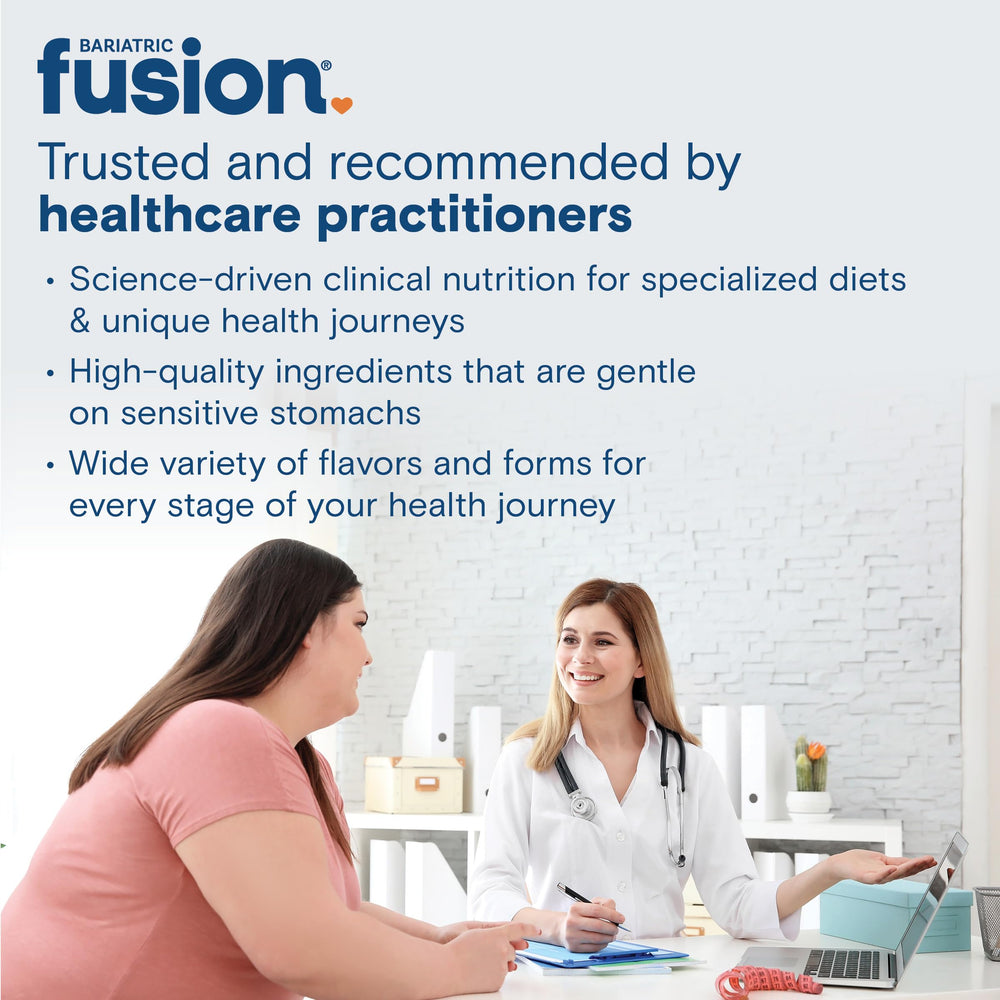 Bottle beside glass of water demonstrates convenient daily calcium intake with Bariatric Fusion