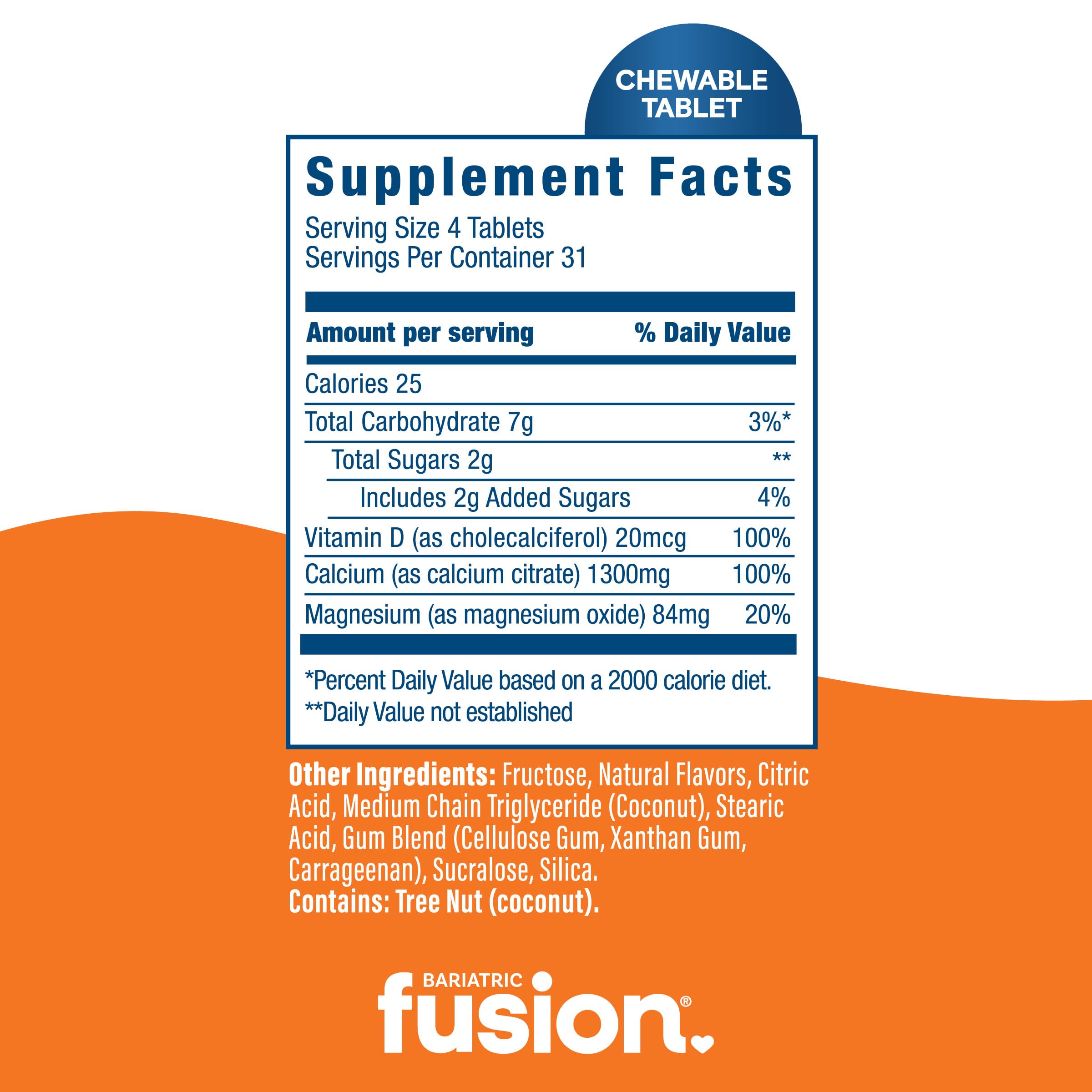 Two chewable tablets serving from Bariatric Fusion demonstrating daily regimen