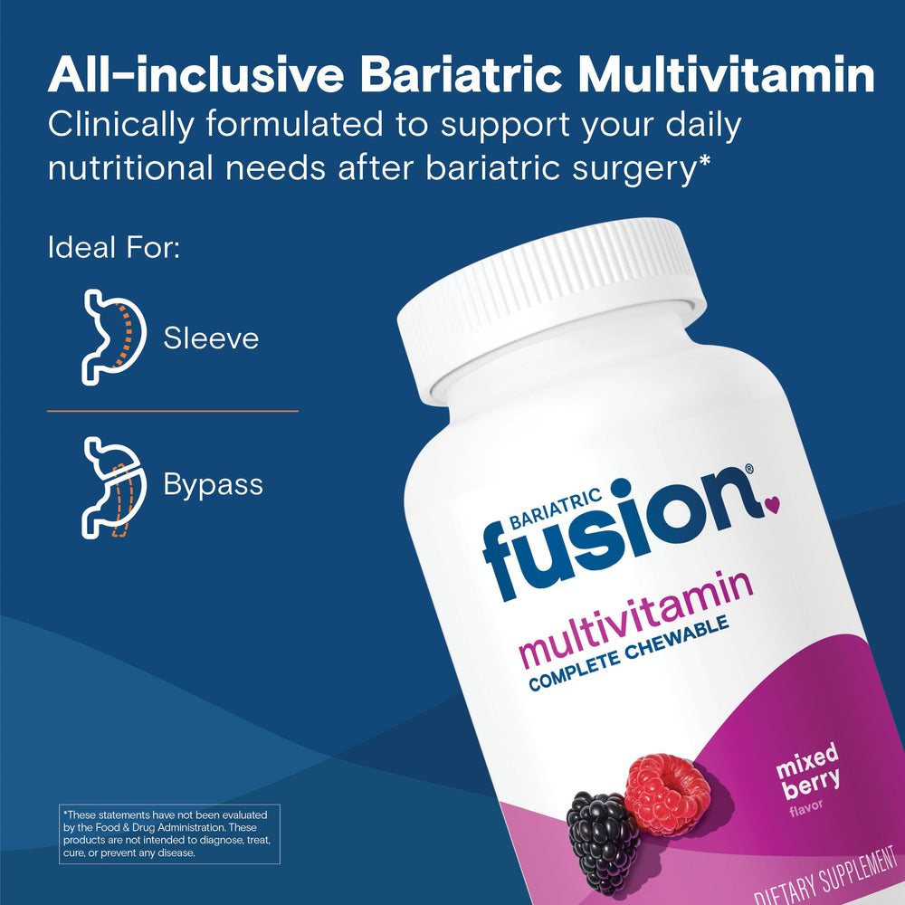 Bariatric Fusion complete chewable vitamins close-up highlights appealing berry chewables for daily use.