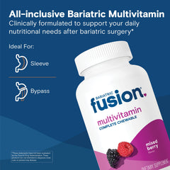Bariatric Fusion complete chewable vitamins close-up highlights appealing berry chewables for daily use.