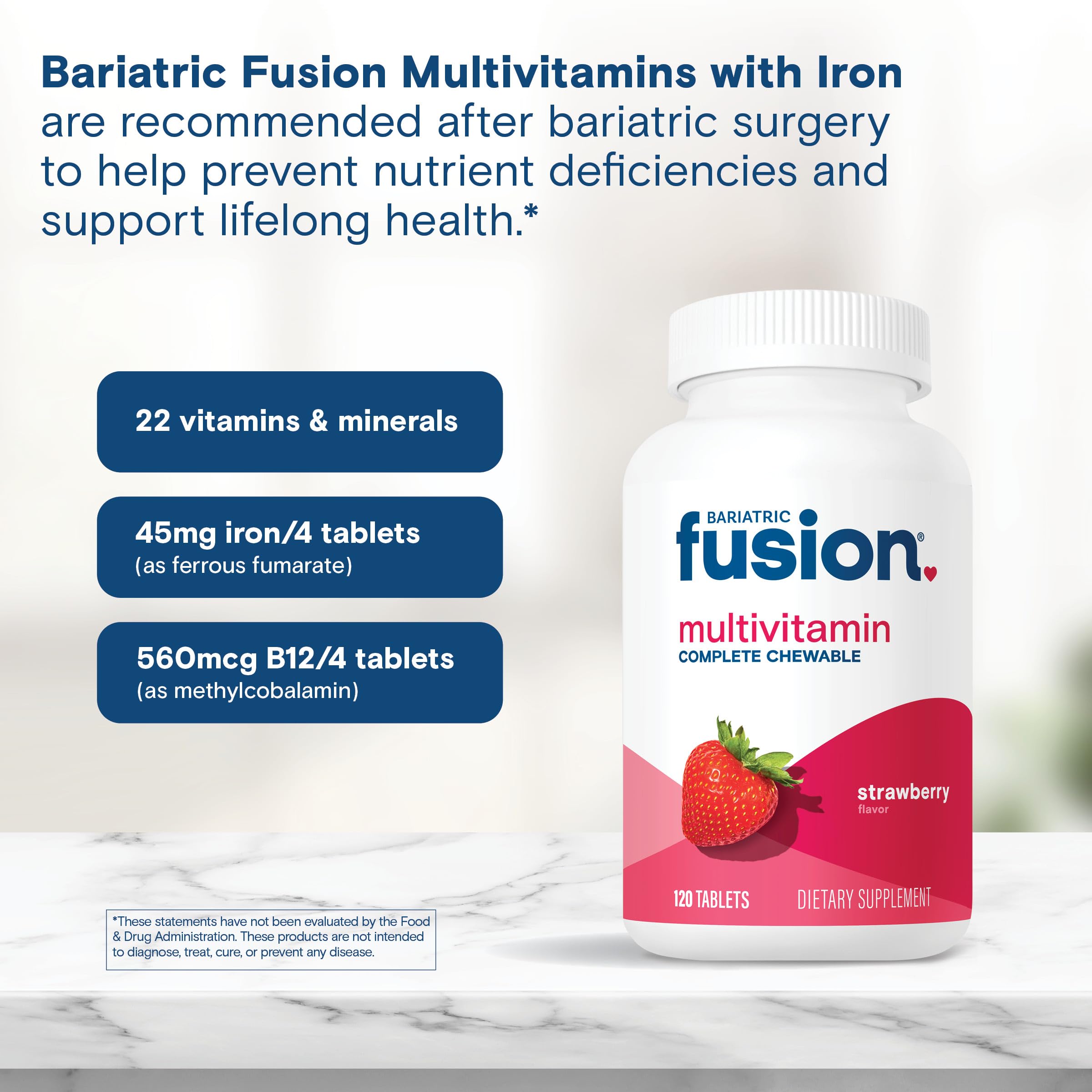 Bariatric Fusion bottle shows four-tablet daily dosage guidance.