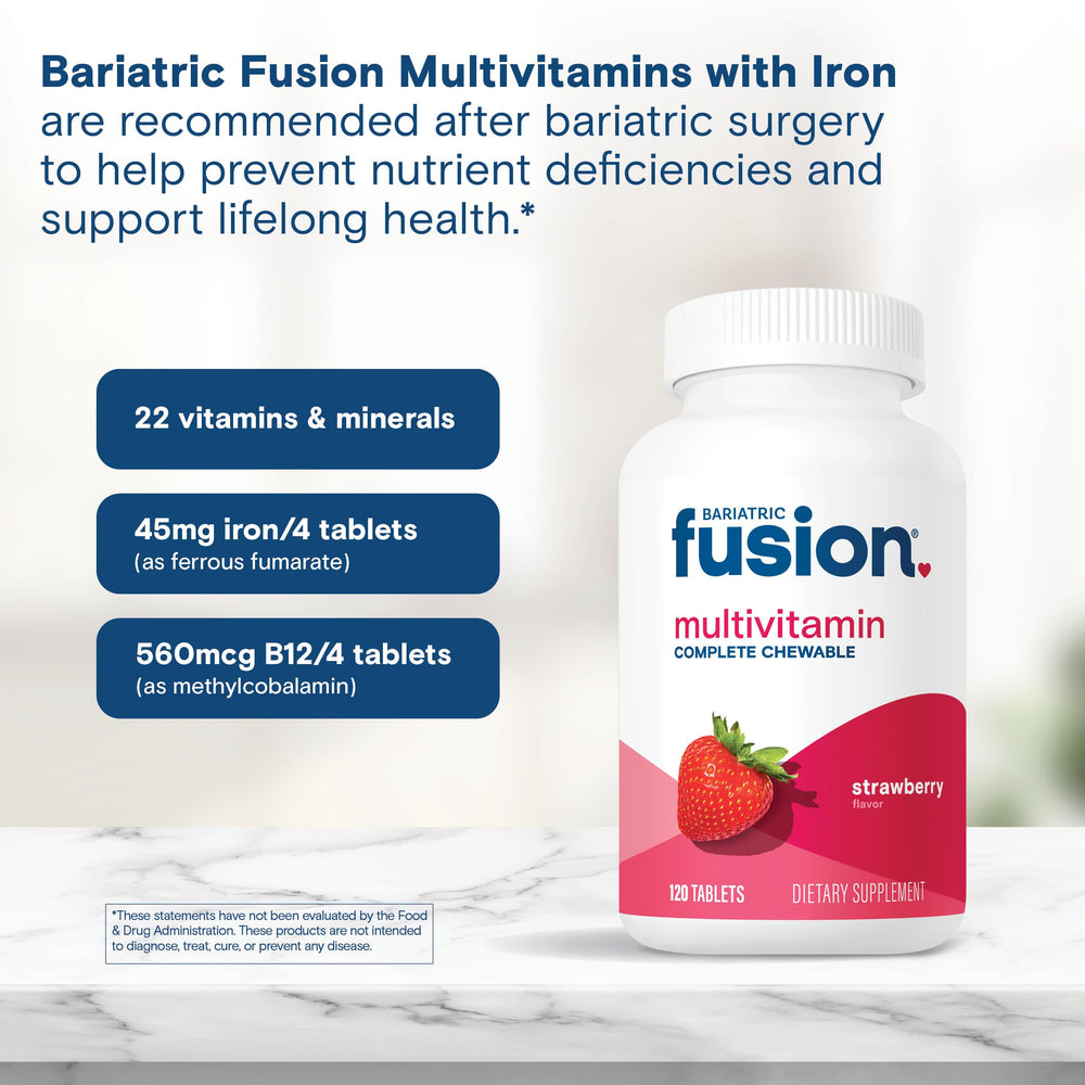 Bariatric Fusion bottle shows four-tablet daily dosage guidance.