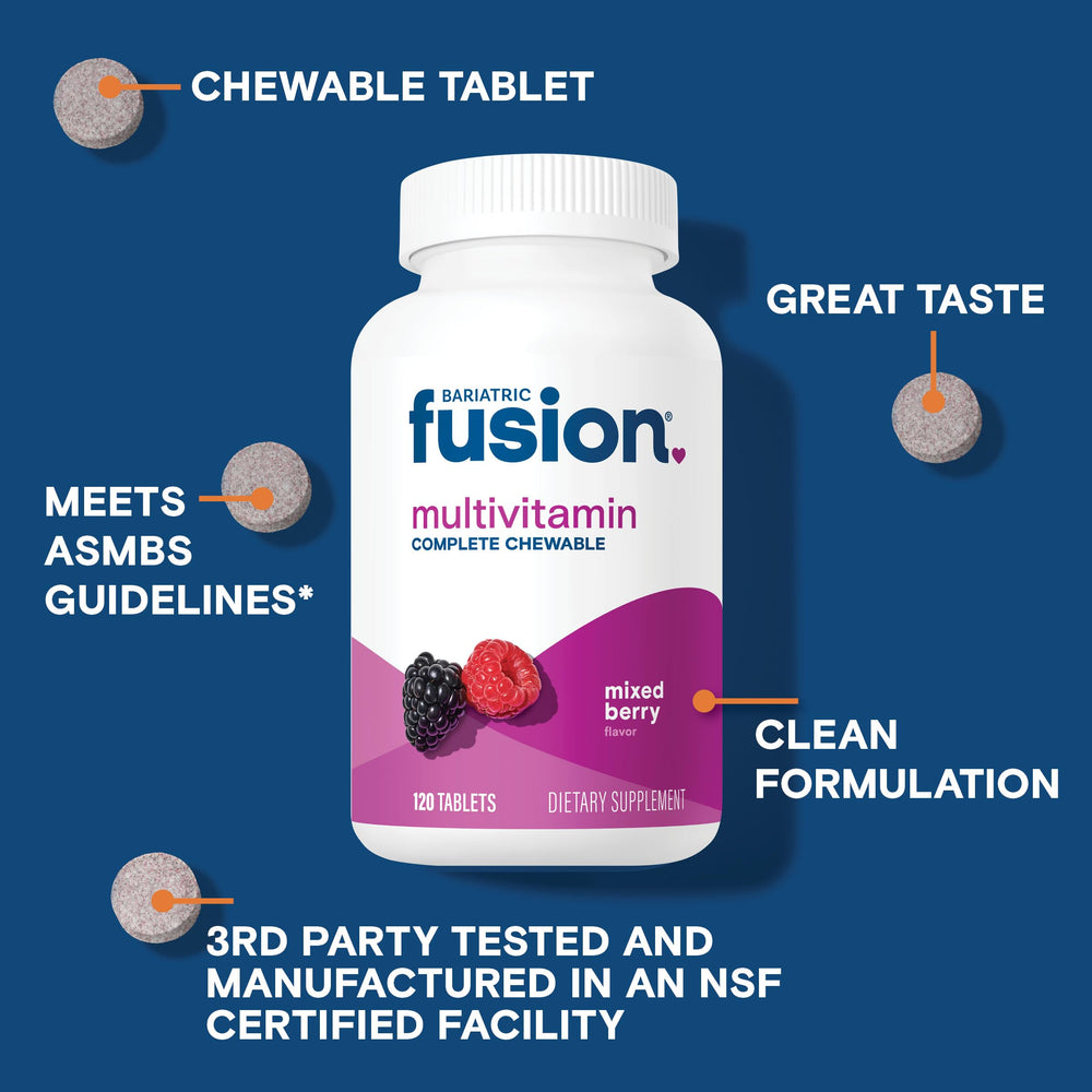 Bariatric Fusion bottle demonstrates four-chewable daily tablets for a simple regimen after surgery.