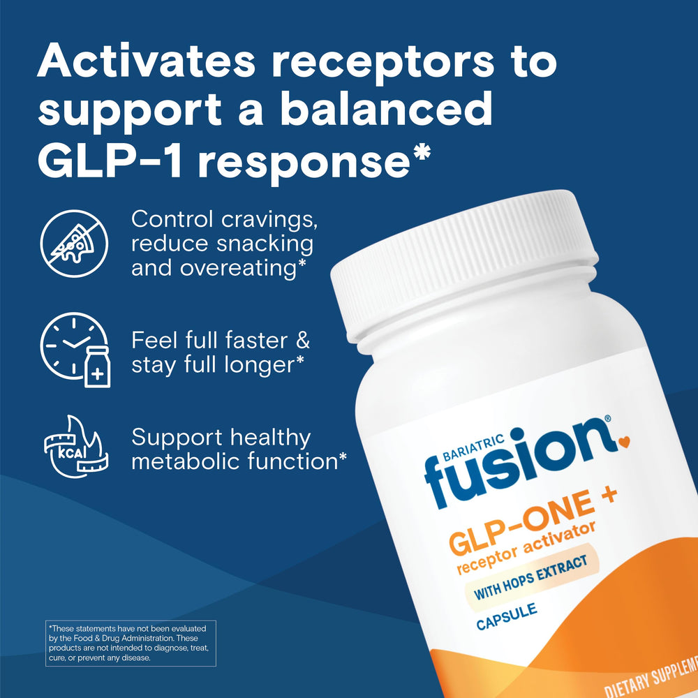 Bariatric Fusion GLP-1 Plus capsule close-up; easy swallow design after meals.