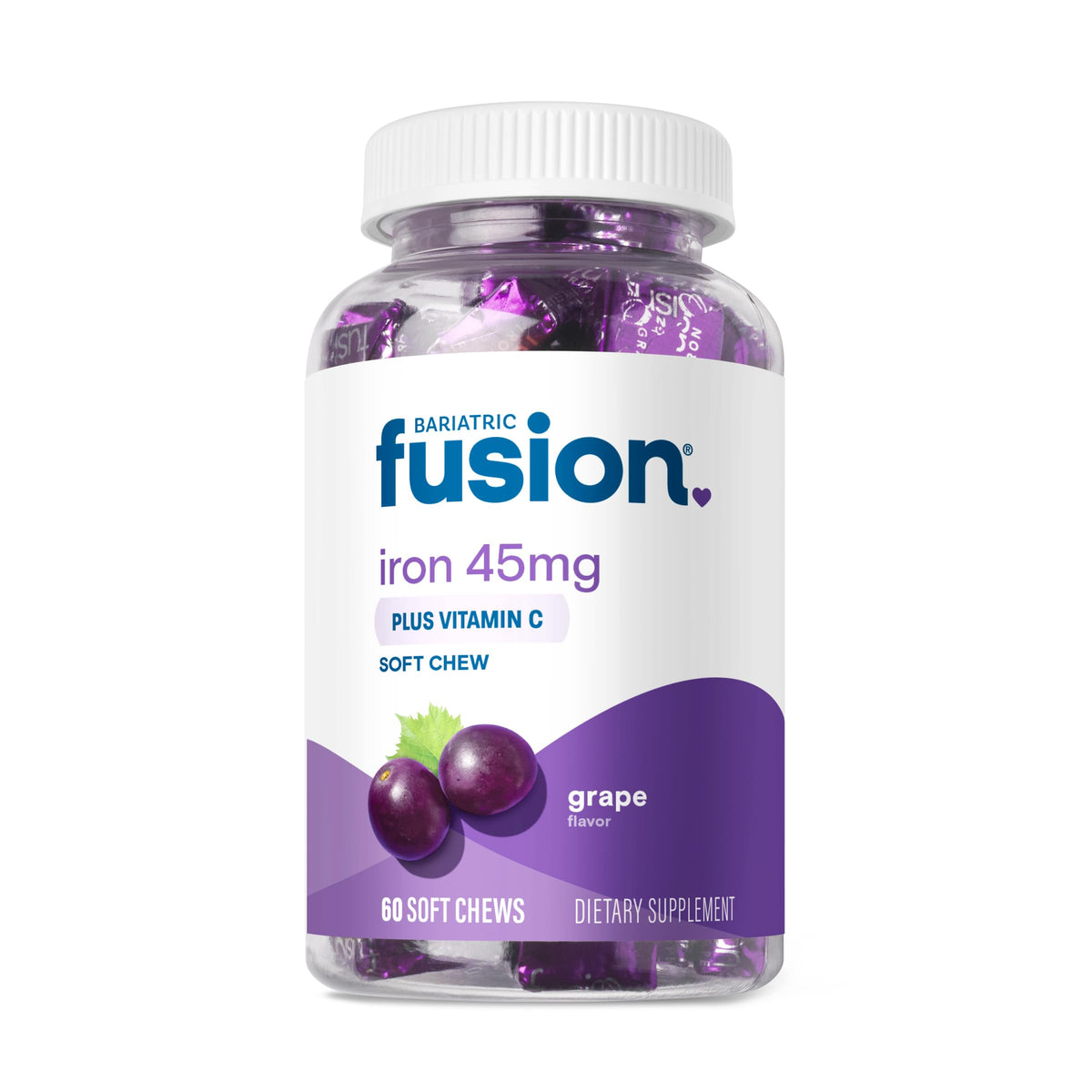 Bariatric Fusion grape iron chew bottle with 60 soft chews for daily iron support.