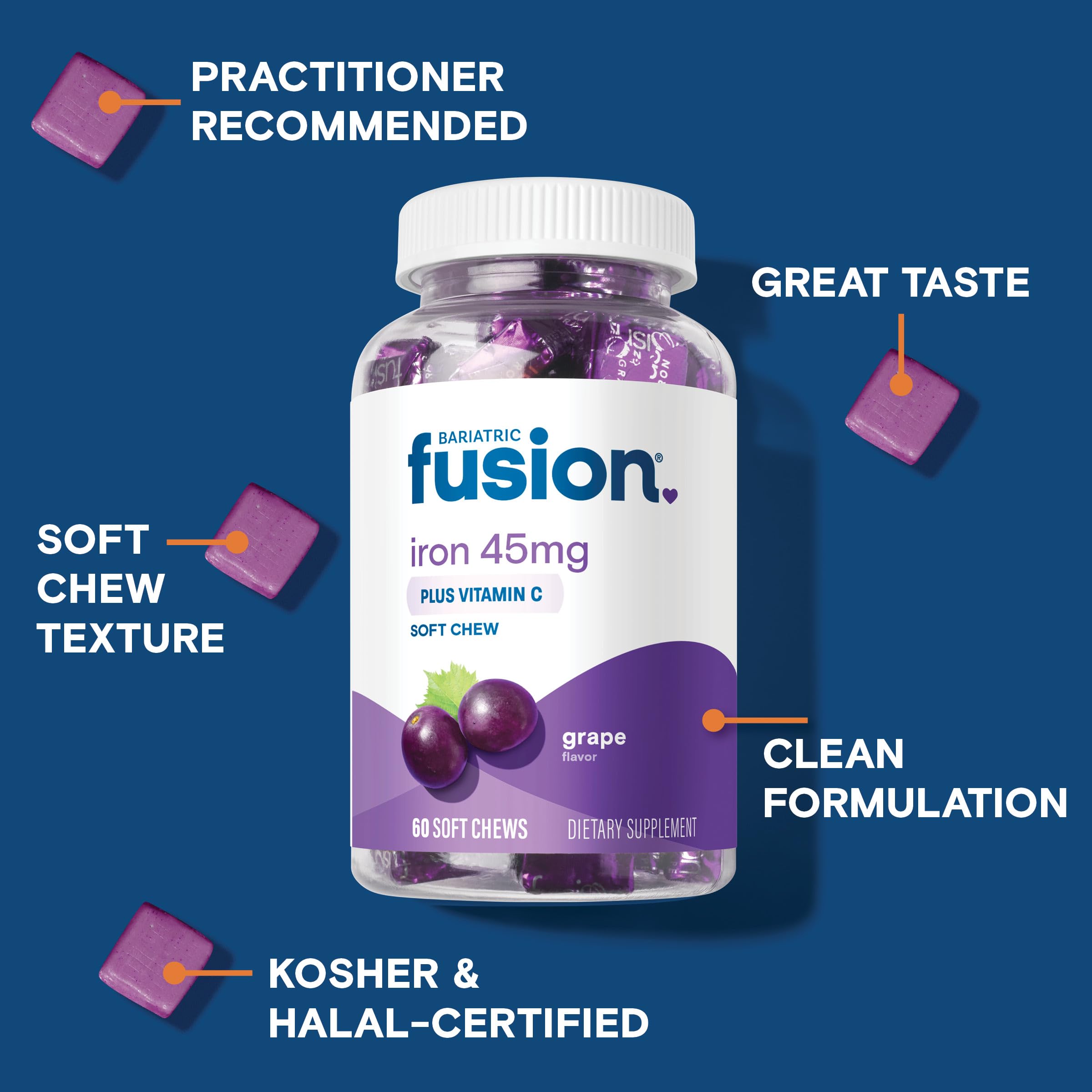 Bariatric Fusion grape iron chew close-up showing soft gummy texture.