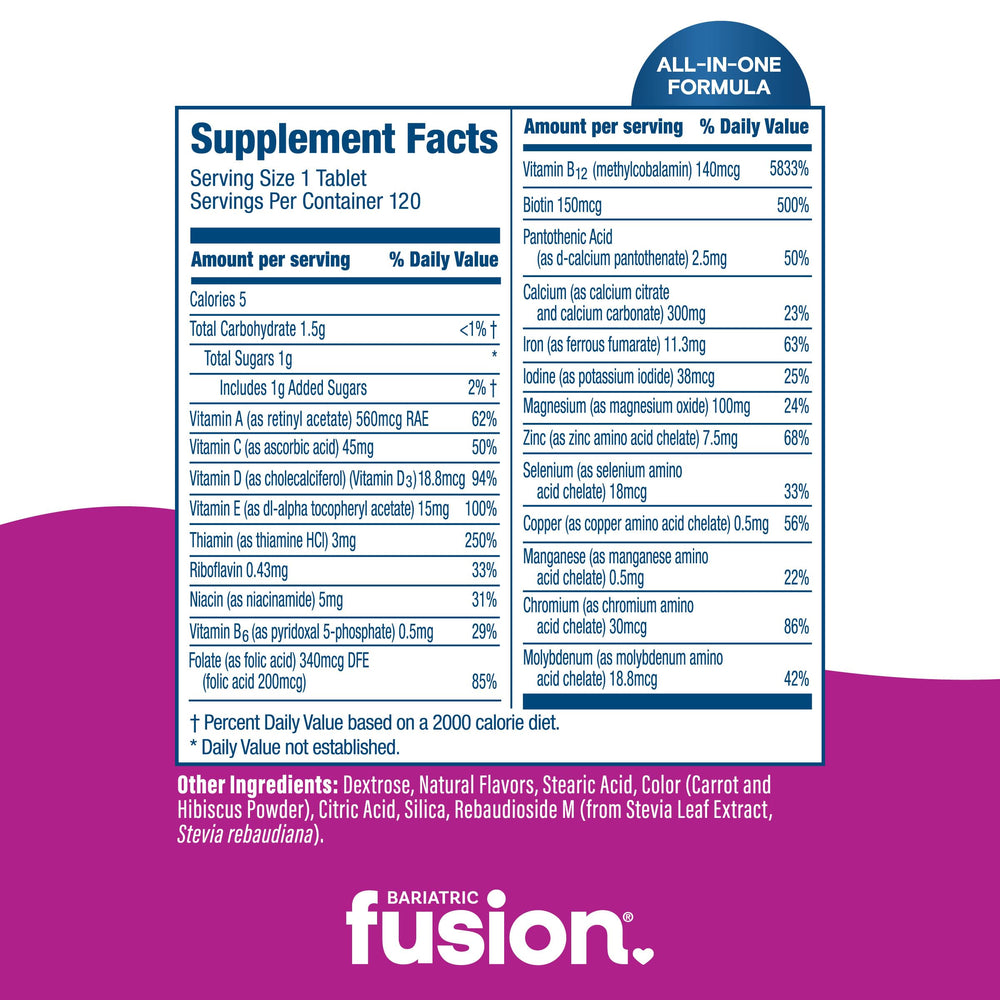 Bariatric Fusion iron-calcium-vitamin-D blend emphasizes essential nutrients for post-op support.