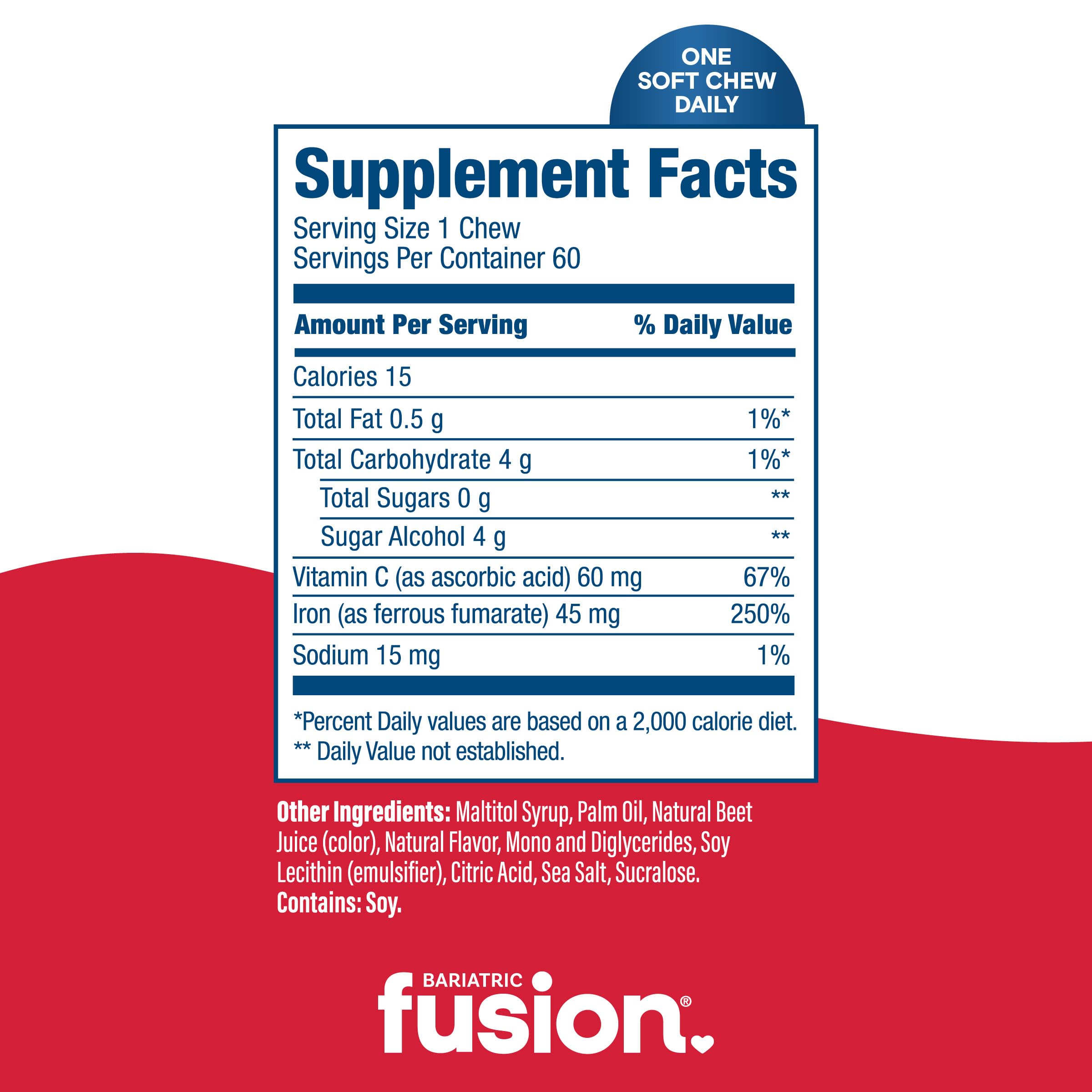 Bariatric Fusion Iron soft chews cherry bottle with gluten-free labeling.