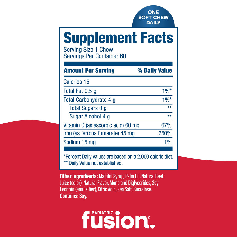 Bariatric Fusion Iron soft chews cherry bottle with gluten-free labeling.