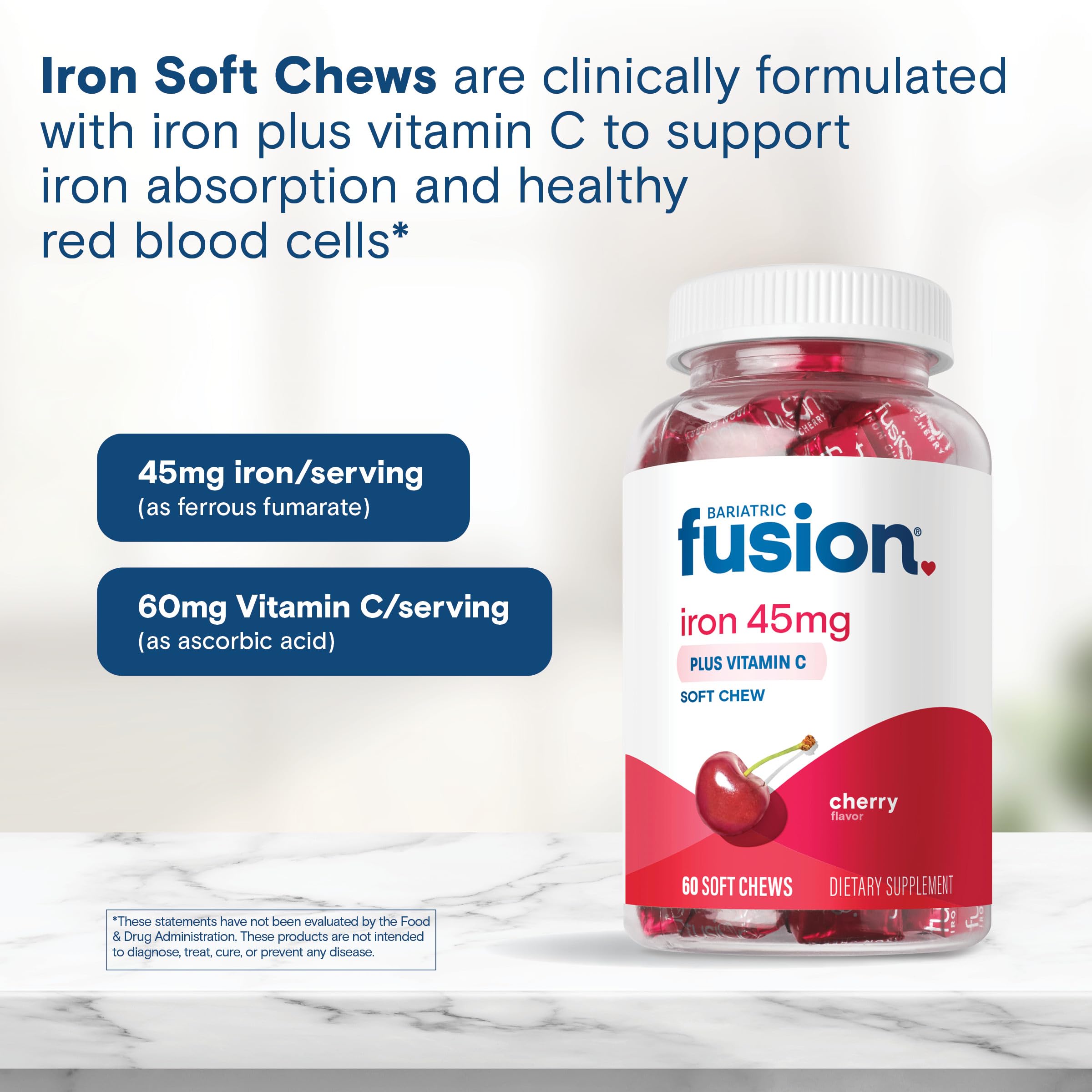 Bariatric Fusion Iron soft chews cherry with vitamin C for enhanced iron support.