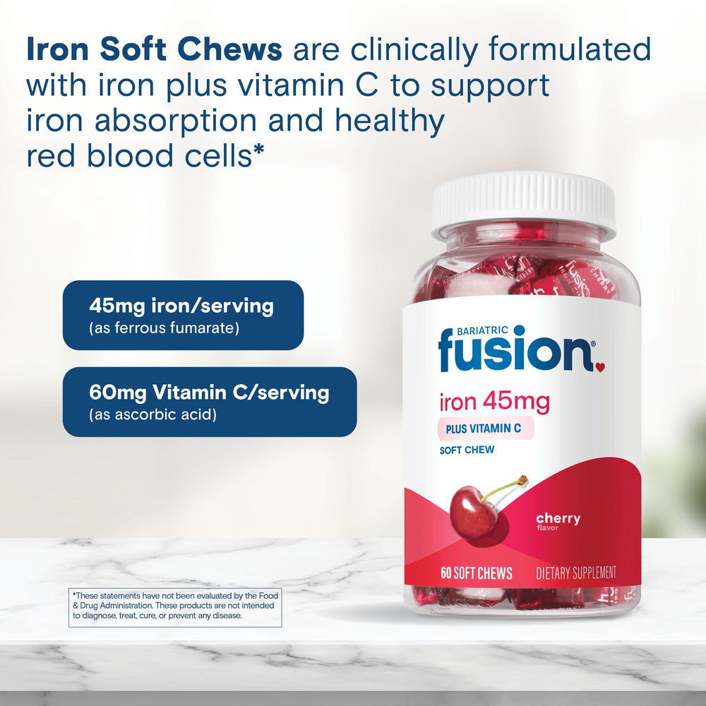 Bariatric Fusion Iron soft chews cherry with vitamin C for enhanced iron support.