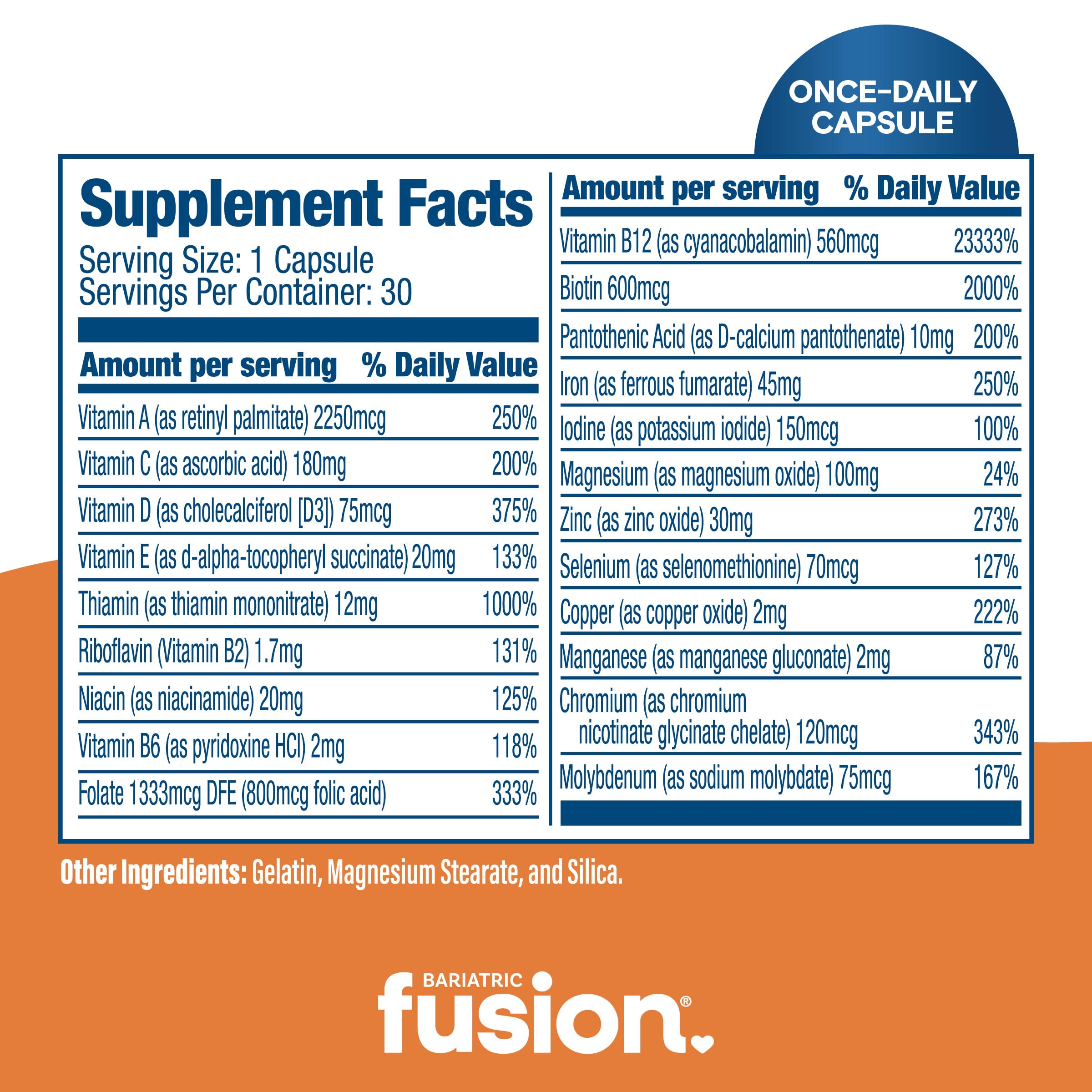 Bariatric Fusion One Per Day bottle back label detail lists ingredients and guidelines.