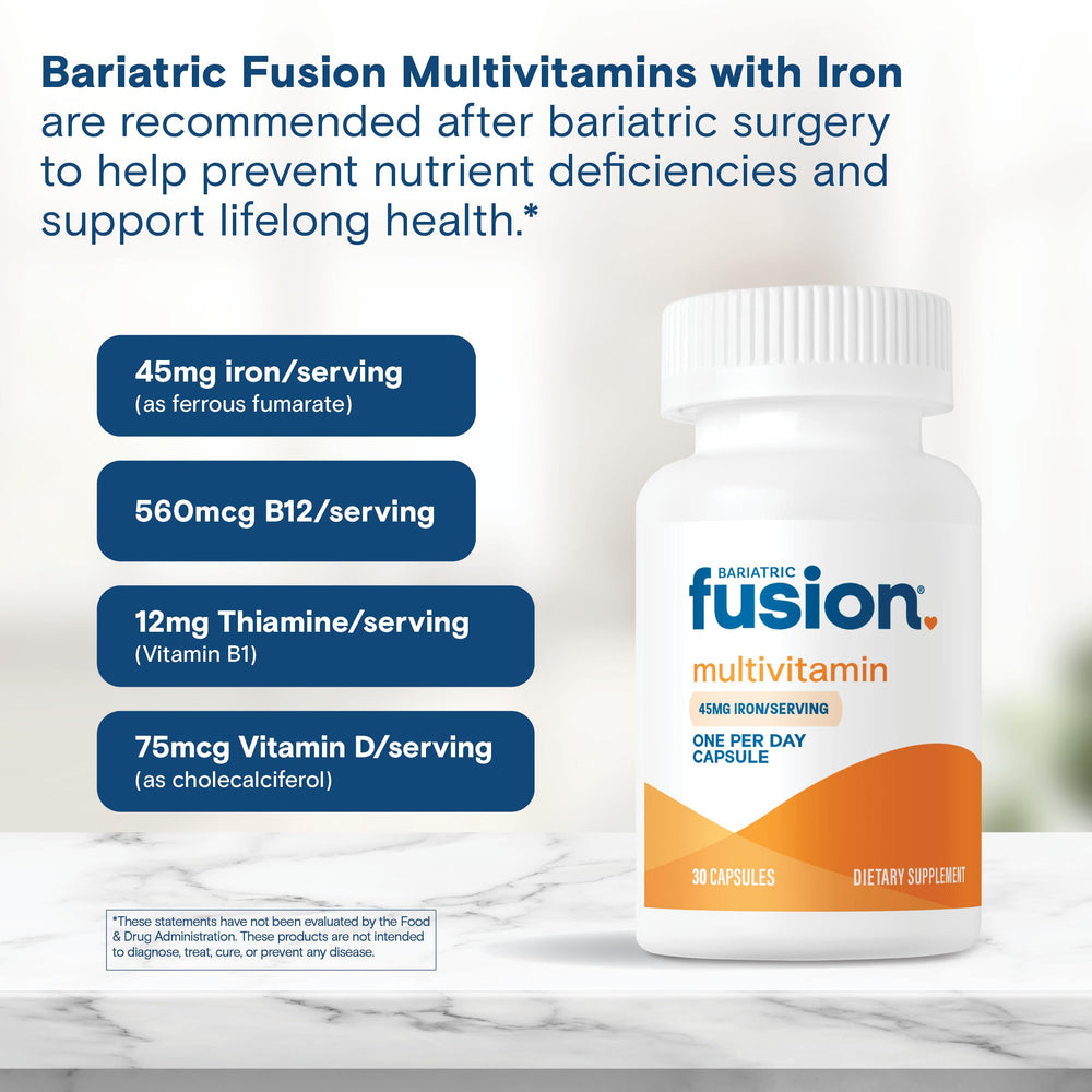 Bariatric Fusion One Per Day bottle in hand demonstrates portable daily vitamin.