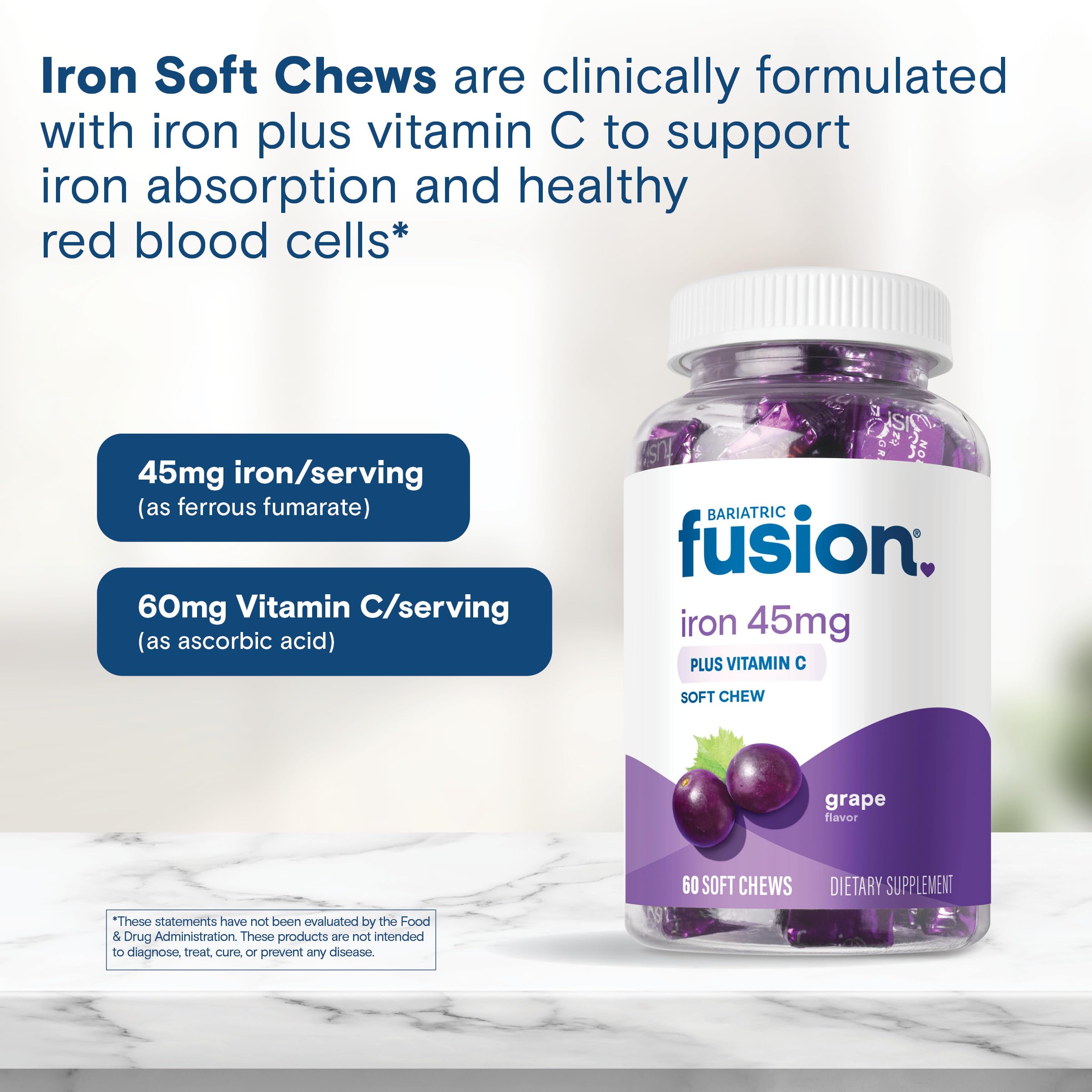 Bariatric Fusion grape iron chew with vitamin C for absorption support.