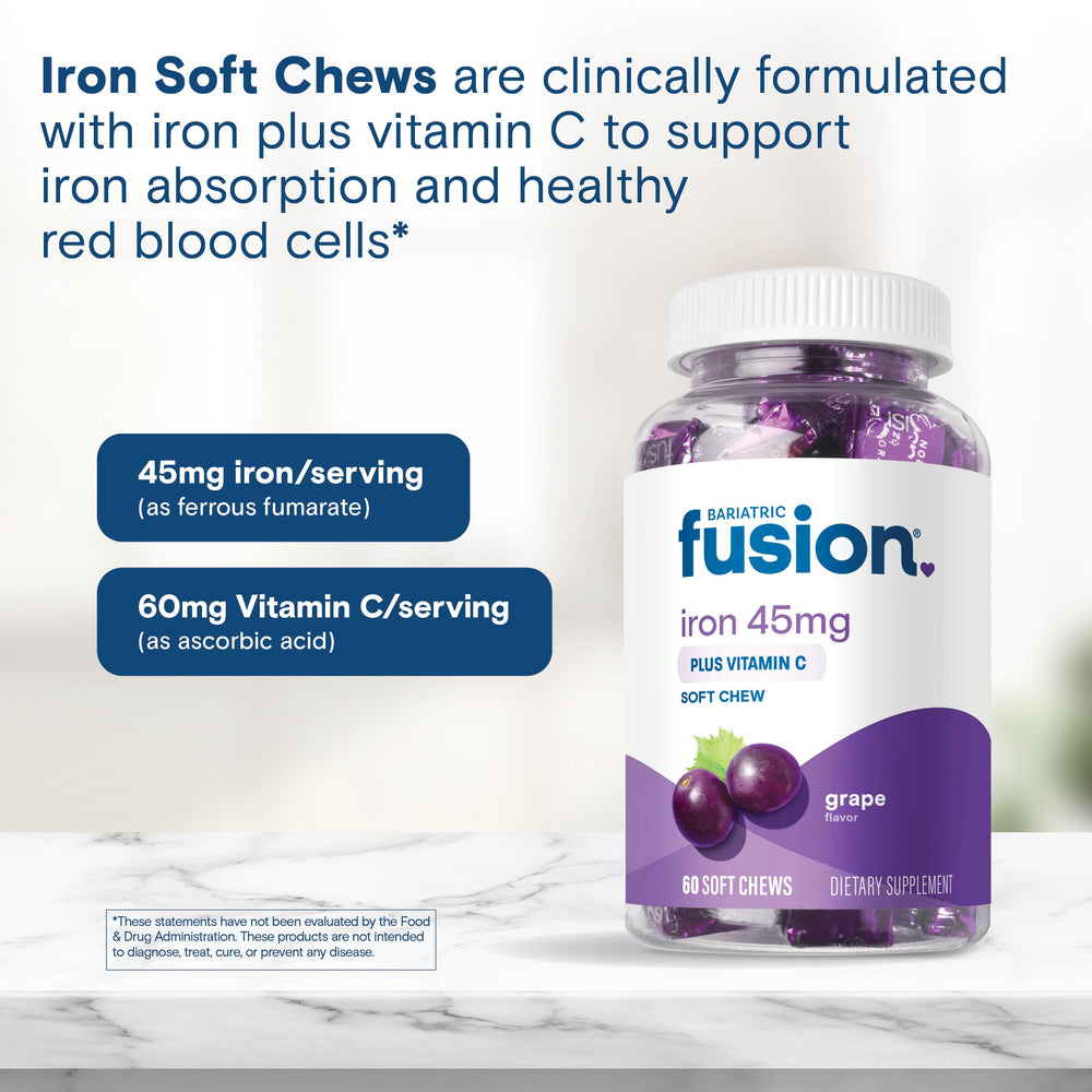 Bariatric Fusion grape iron chew with vitamin C for absorption support.