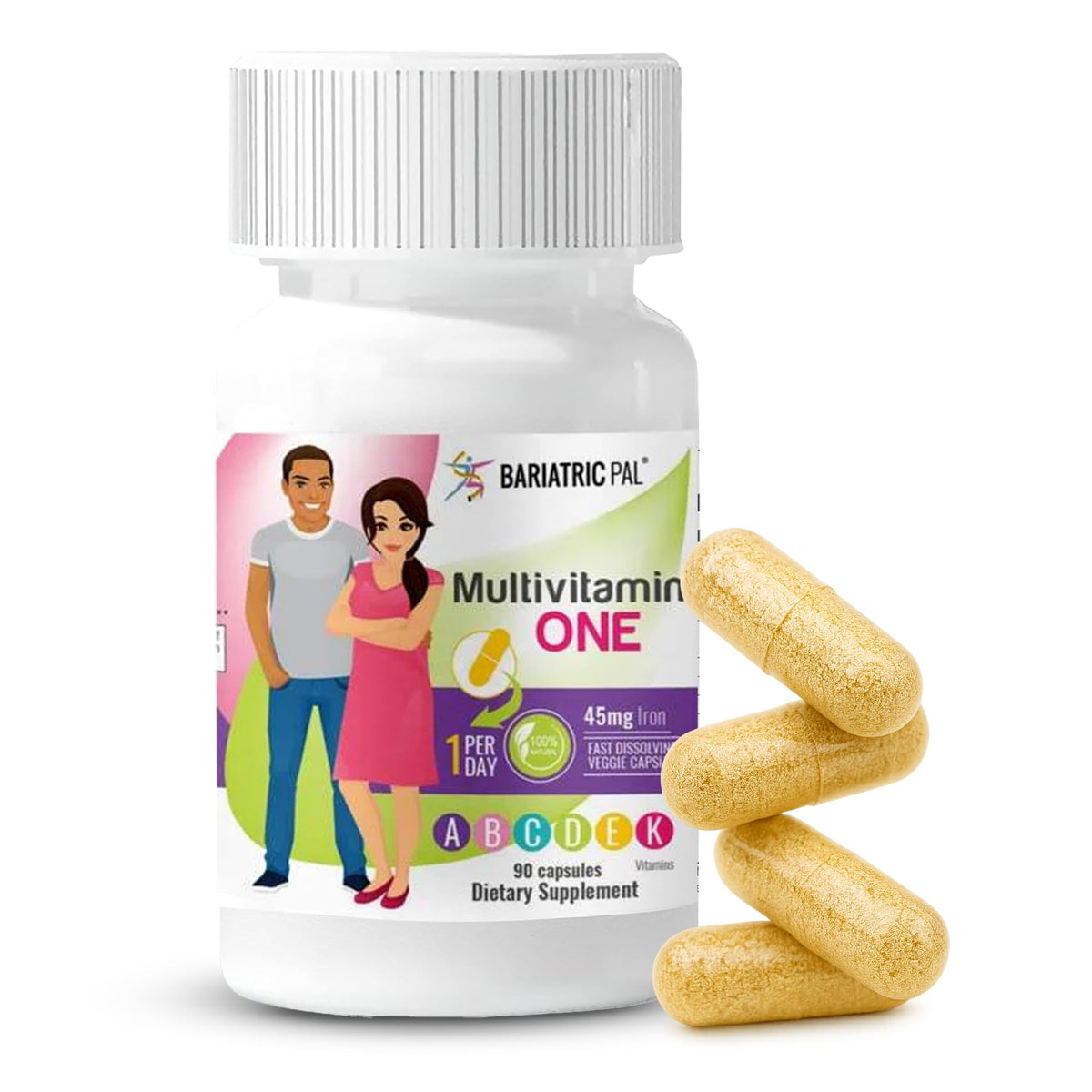 BariatricPal Multivitamin One bottle with easy-to-swallow capsules for daily post-surgery nutrition.