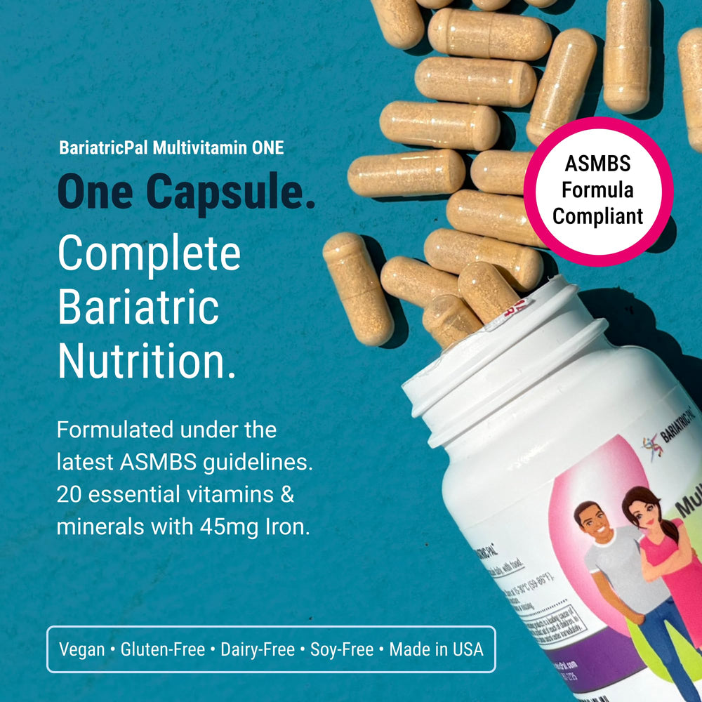 BariatricPal Multivitamin ONE capsule close-up shows a small, easy-to-swallow veggie capsule.