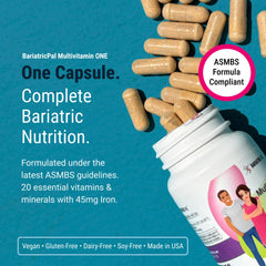 BariatricPal Multivitamin ONE capsule close-up shows a small, easy-to-swallow veggie capsule.