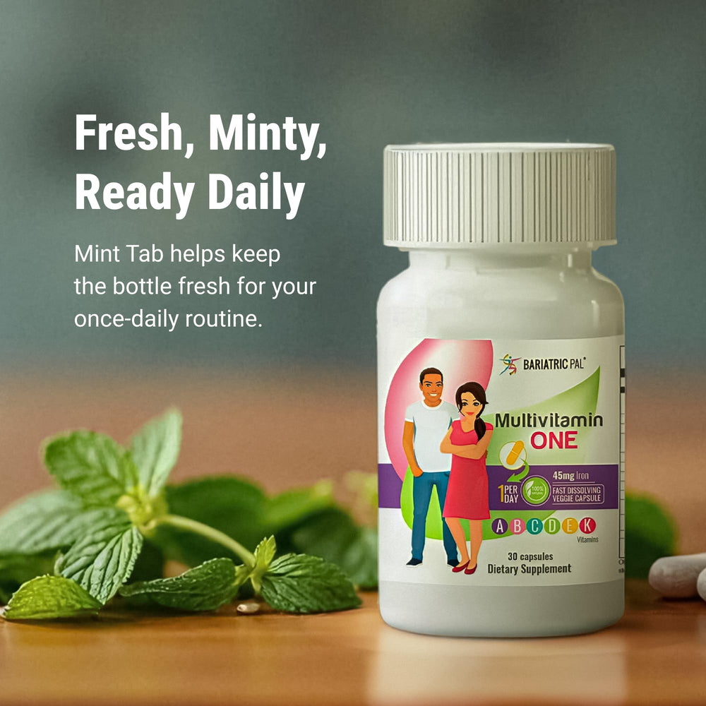 BariatricPal Multivitamin ONE easy-swallow capsule demonstrates fast-dissolving design.