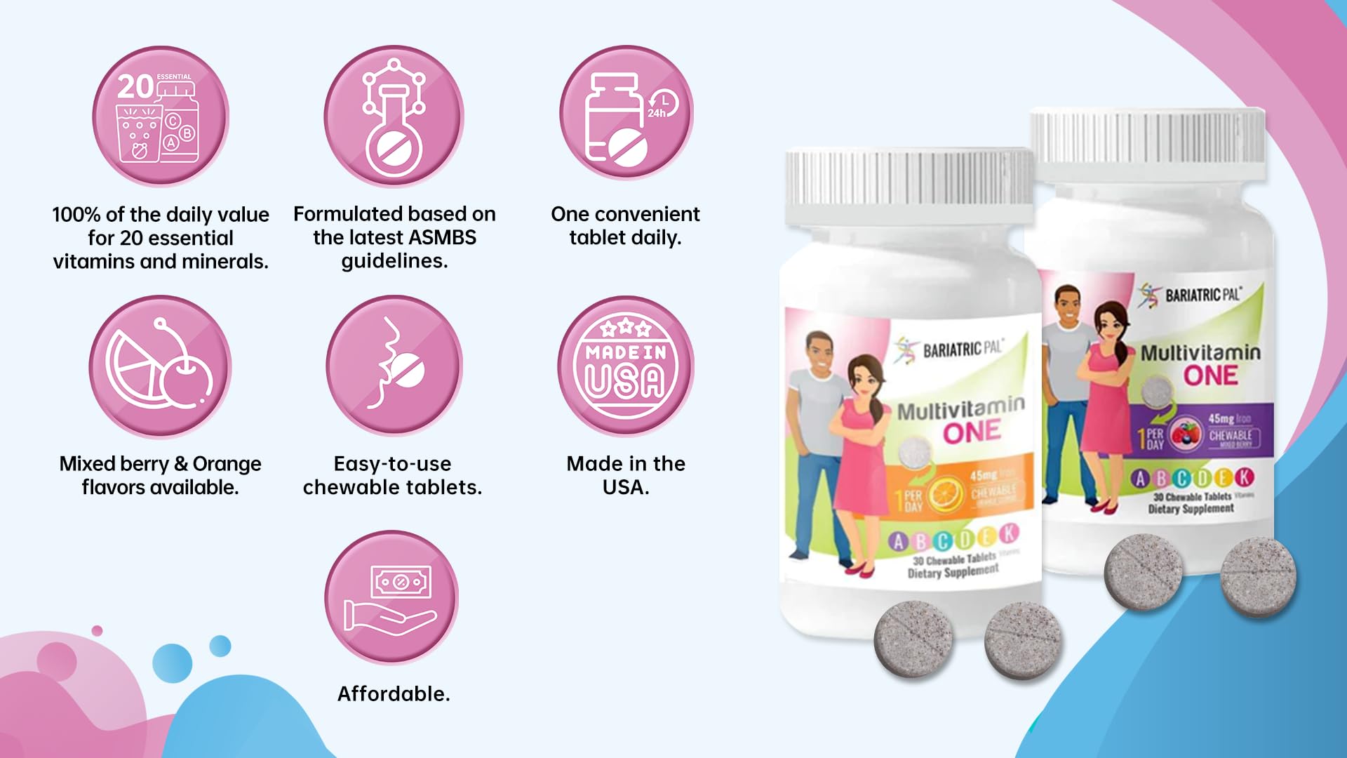 BariatricPal Multivitamin ONE nutrition facts label highlights iron and vitamins.