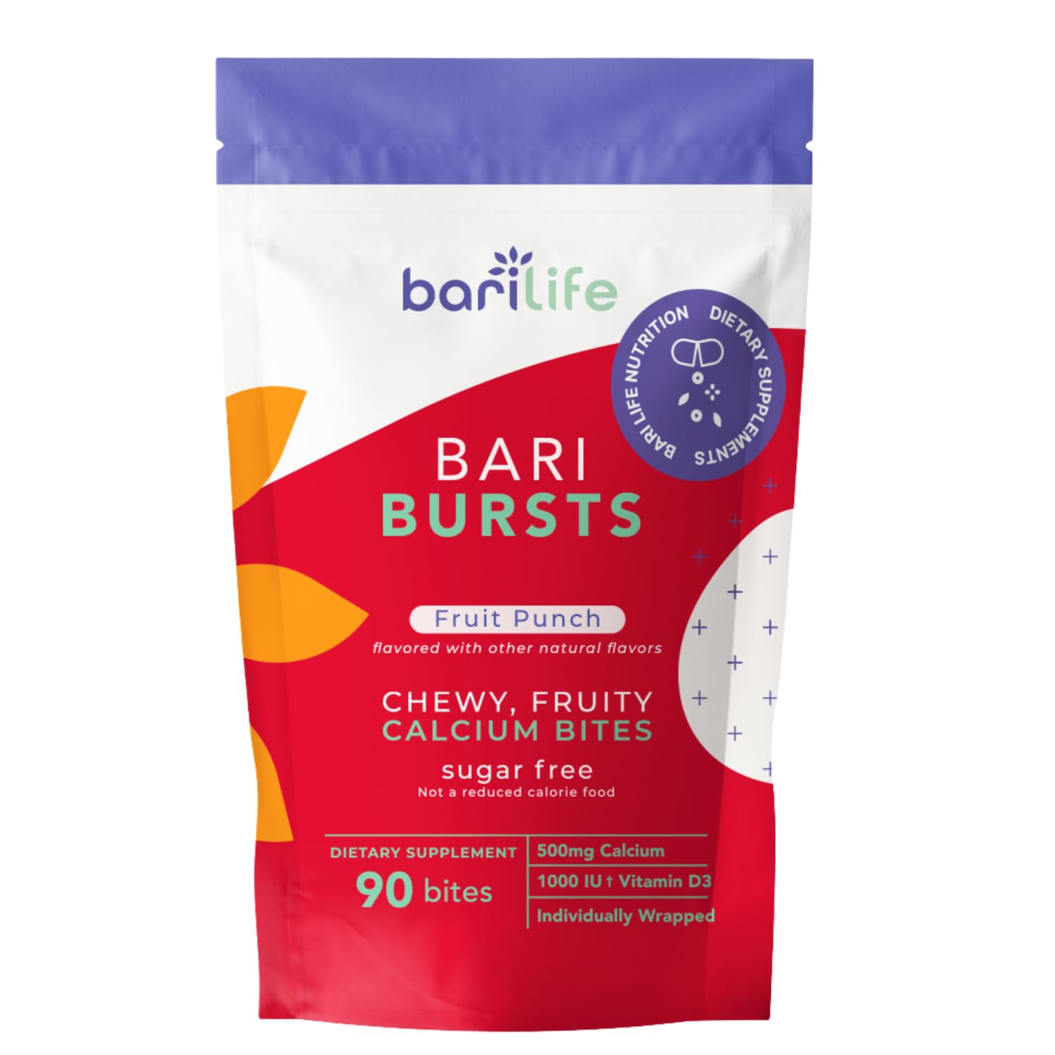 Bari Life calcium citrate bariatric chews bottle label with 500 mg calcium and 1000 IU D3