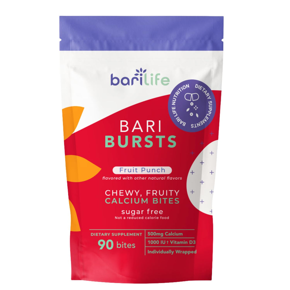Bari Life calcium citrate bariatric chews bottle label with 500 mg calcium and 1000 IU D3