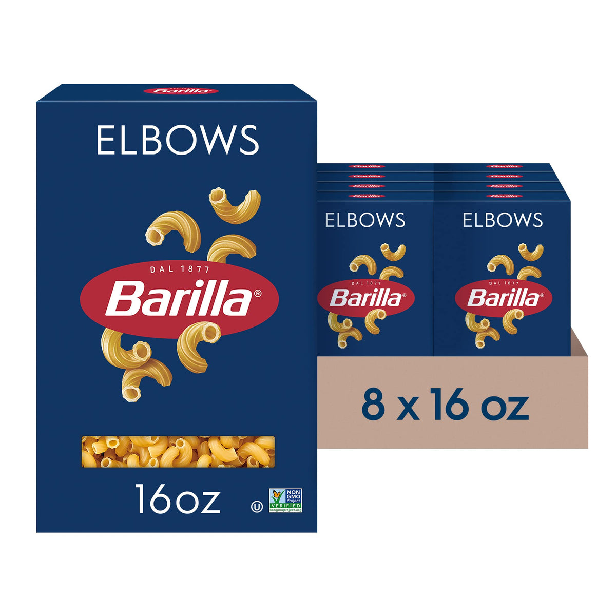 Barilla Elbows pasta box front, a durable pantry staple.