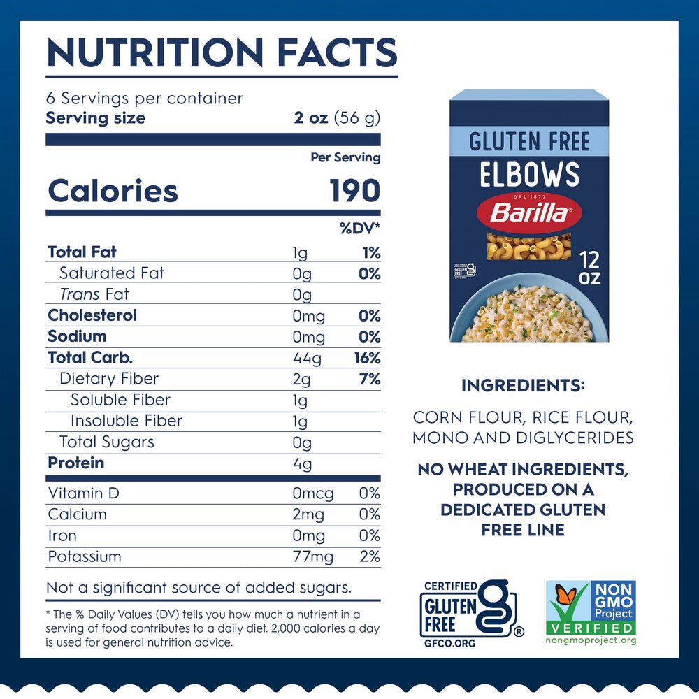 Barilla gluten free elbows pasta ingredients detail, corn and rice base