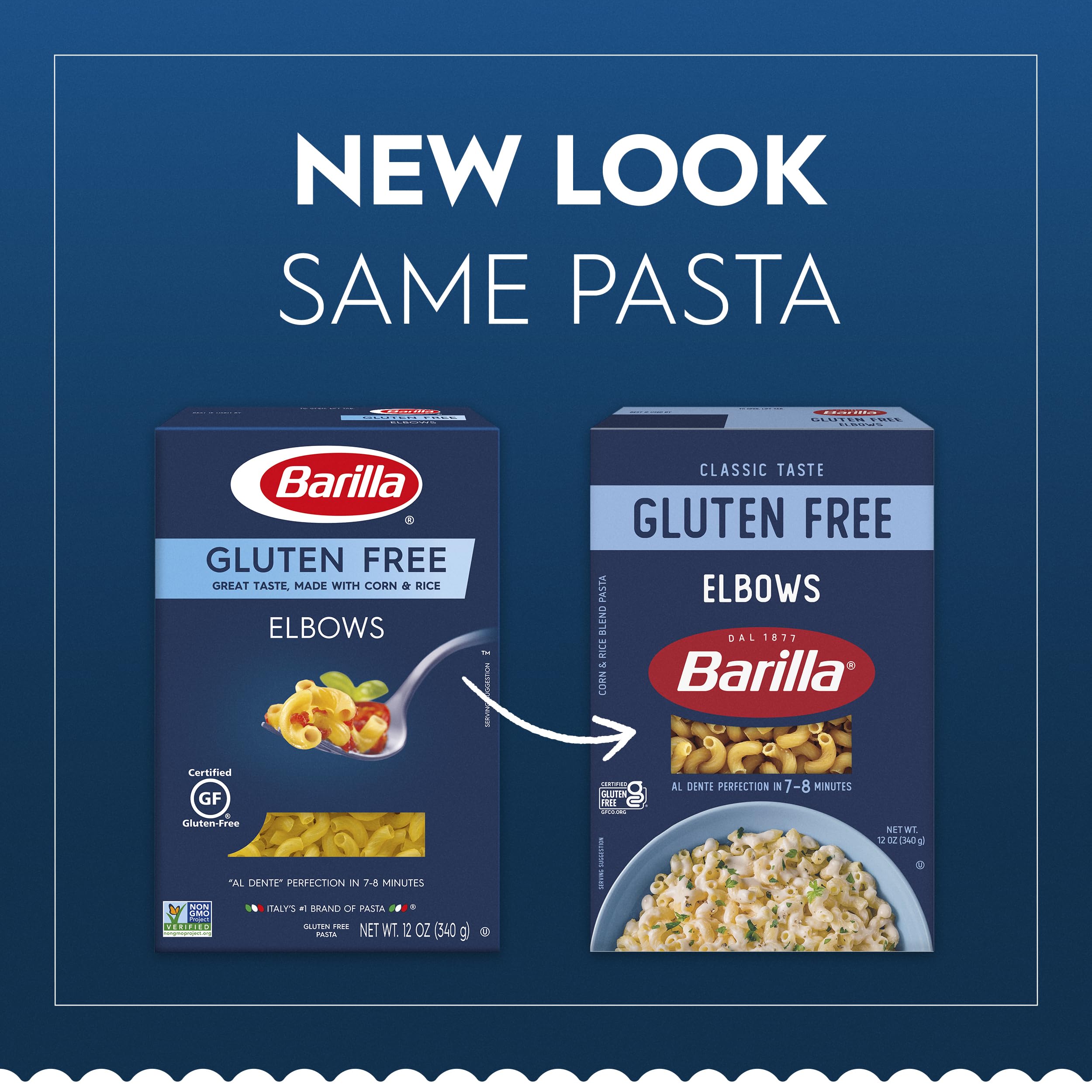 Barilla gluten free elbows pasta open pack closeup, showing quality ingredients