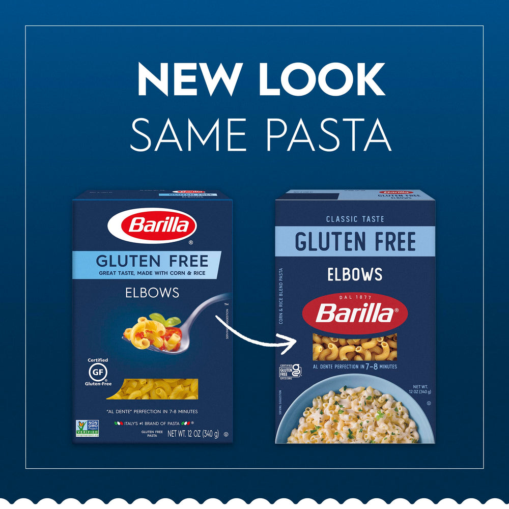 Barilla gluten free elbows pasta open pack closeup, showing quality ingredients