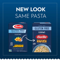 Barilla gluten free elbows pasta open pack closeup, showing quality ingredients
