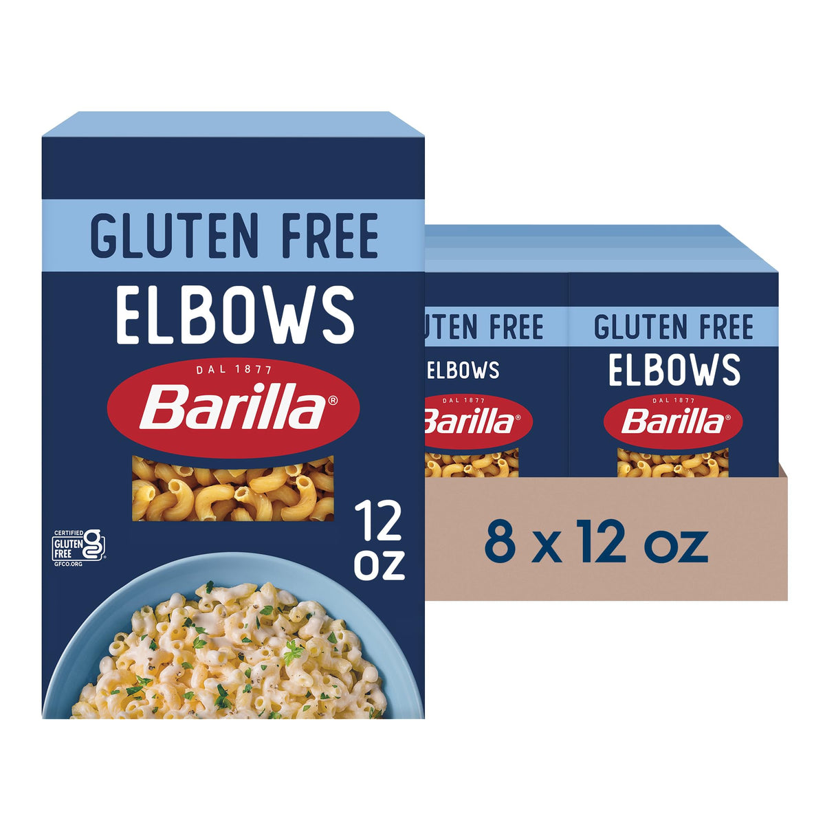 Barilla gluten free elbows pasta pack front, perfect for quick family meals