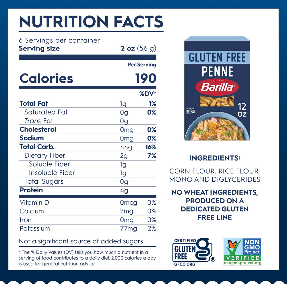 Barilla gluten free penne ingredients corn and rice highlighted for gluten free texture