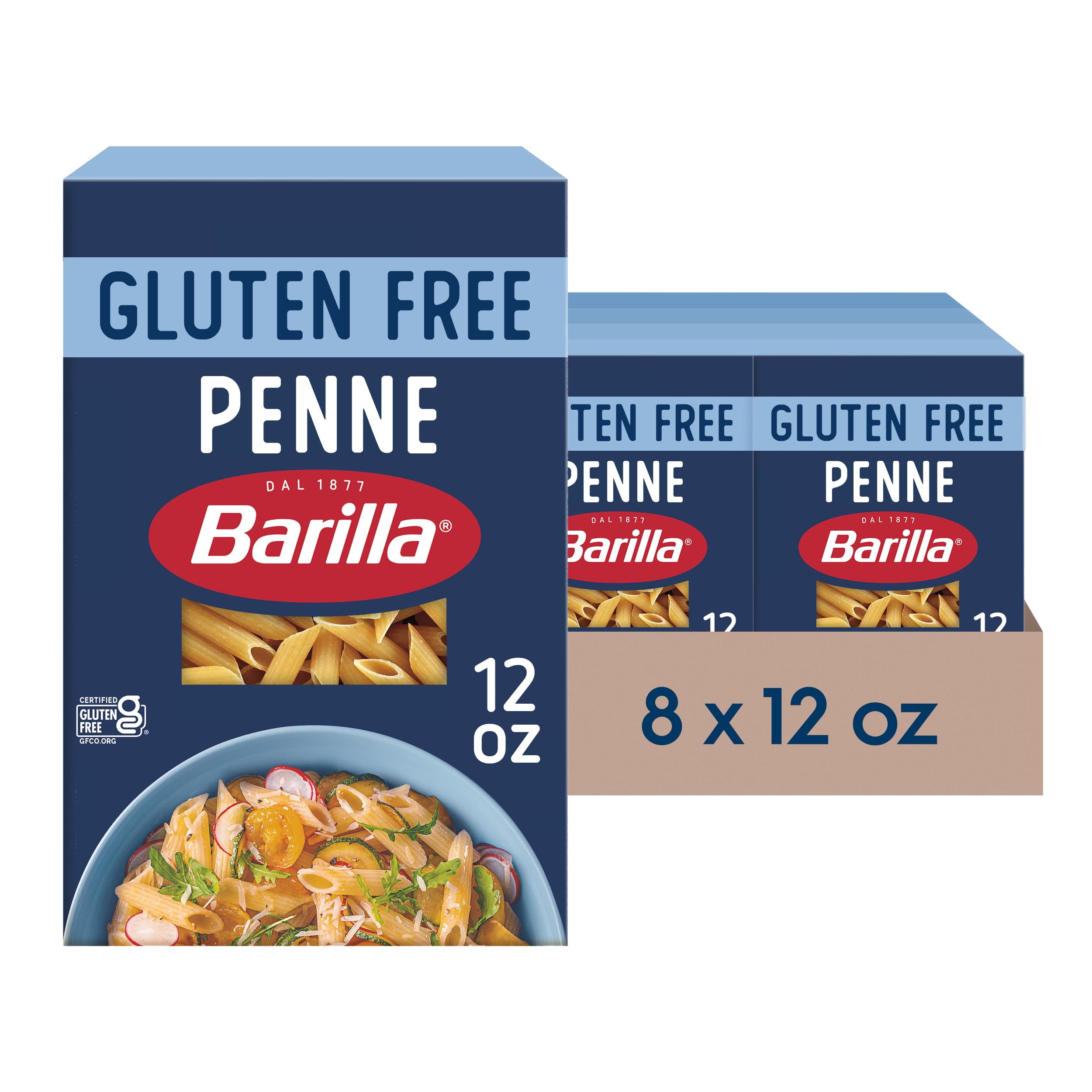 Barilla gluten free penne box on kitchen counter for easy weeknight meals
