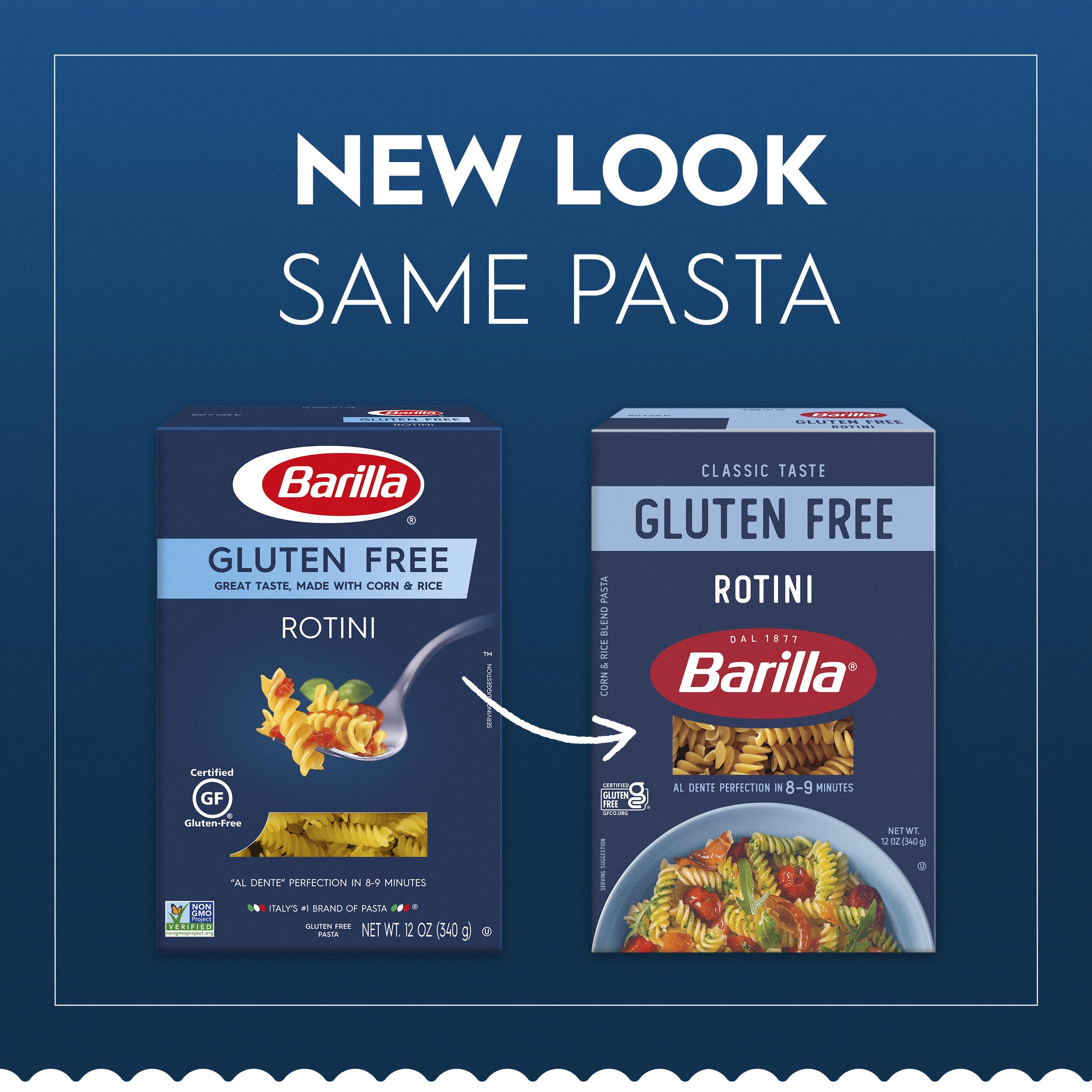 Barilla gluten free rotini on plate with al dente bite