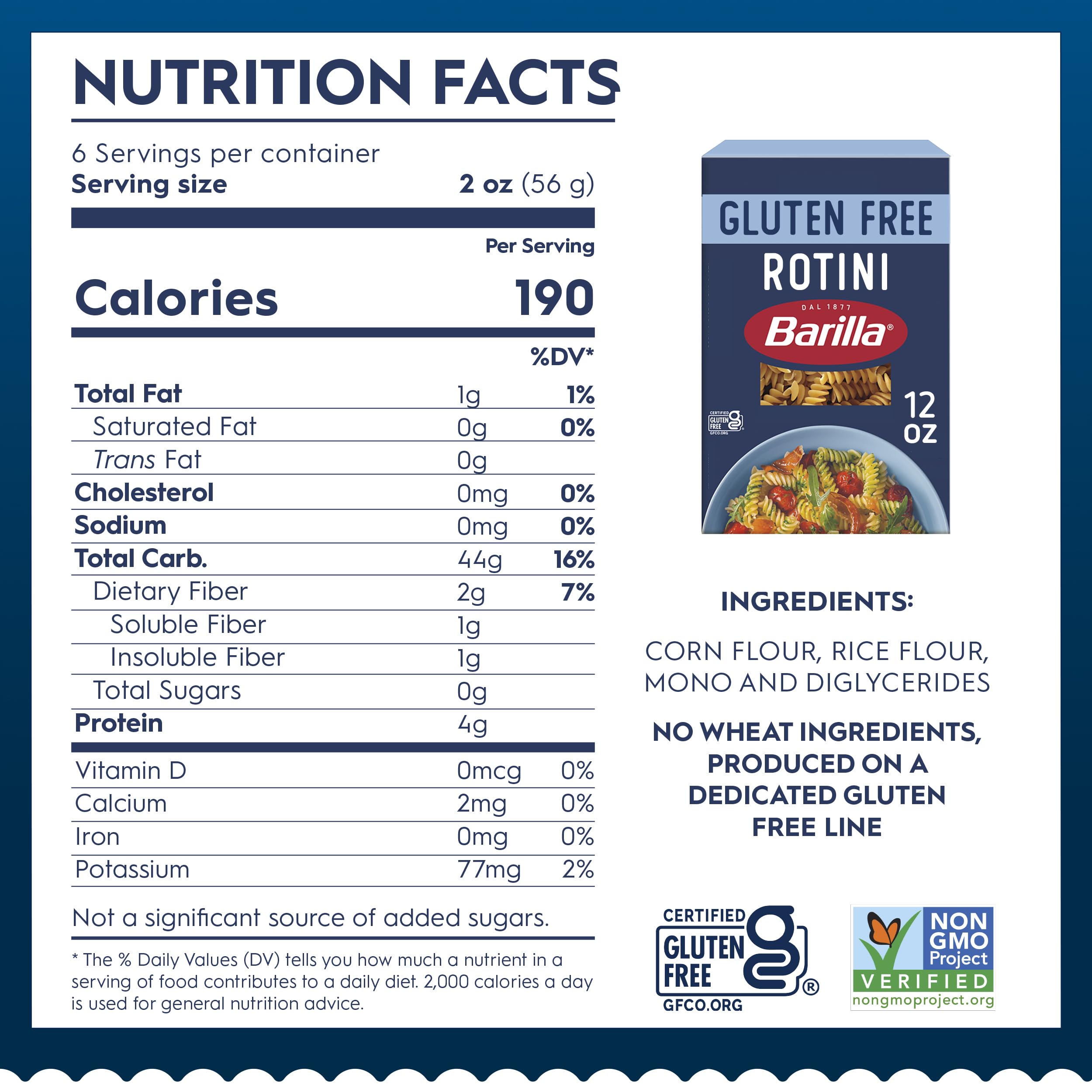 Barilla gluten free rotini uncooked twists highlighting corn and rice blend
