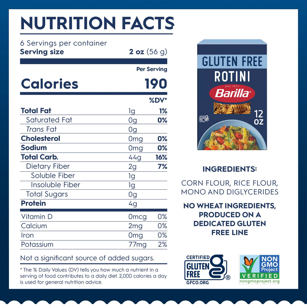 Barilla gluten free rotini uncooked twists highlighting corn and rice blend