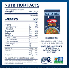Barilla gluten free rotini uncooked twists highlighting corn and rice blend