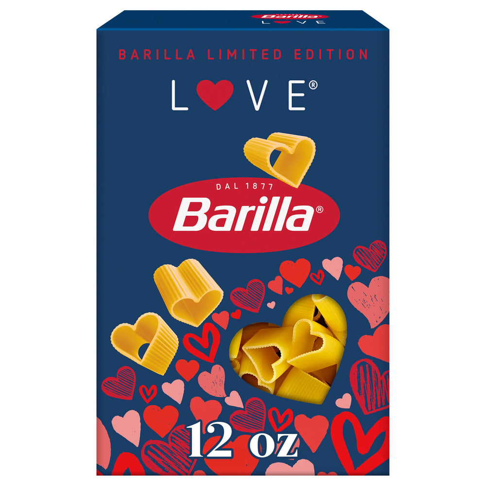 Barilla Love Pasta heart-shaped box front, gift-ready for sharing a romantic meal.