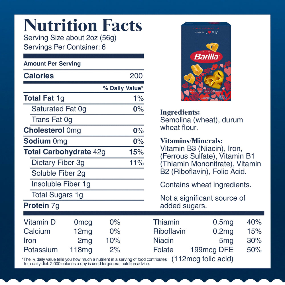 Barilla Love Pasta heart-shaped tag on the side, adds a festive gifting touch.