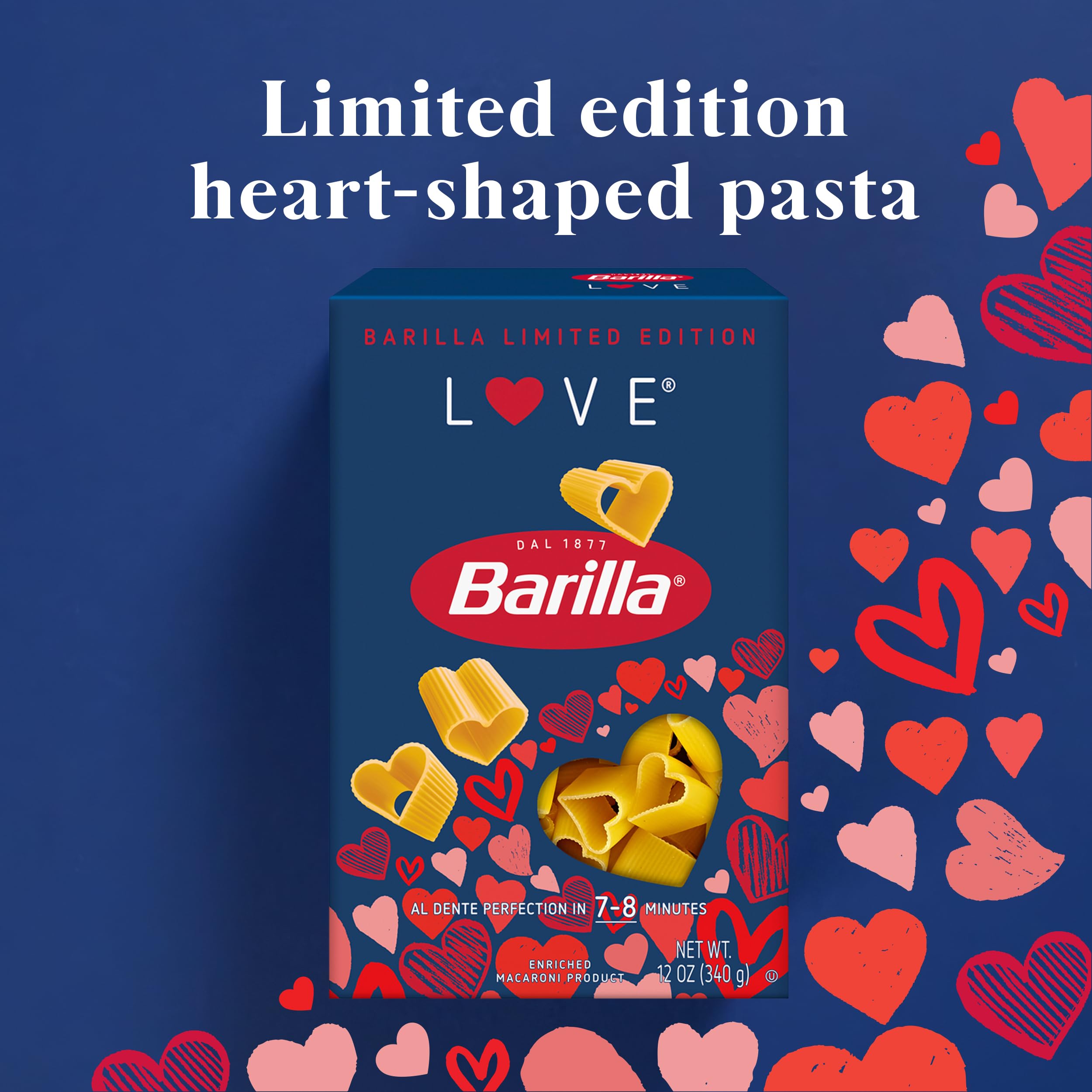 Barilla Love Pasta uncooked heart-shaped close-up highlights design and quality ingredients.